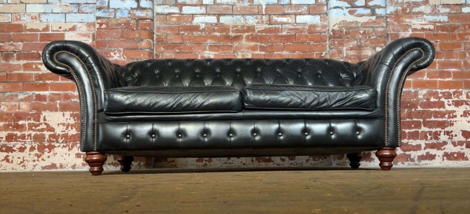 Vintage London Chesterfield Sofa In Premium Black Leather photo for sale