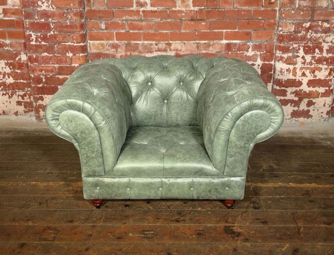 Sophisticated 1931 Chesterfield Chair In Premium Distressed Sage Green Leather photo for sale