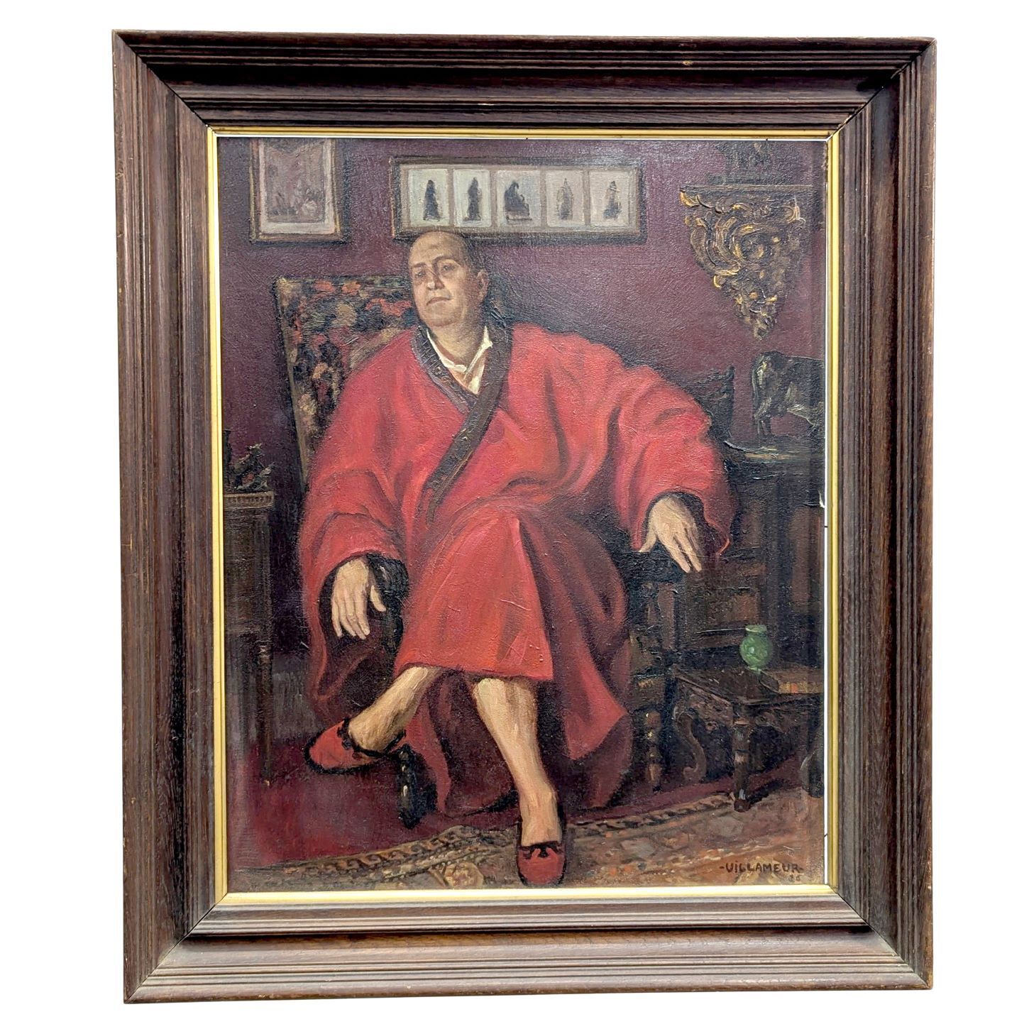Portrait Of A Man In A Dressing Gown – Oil On Wood Signed Villameur (1955)