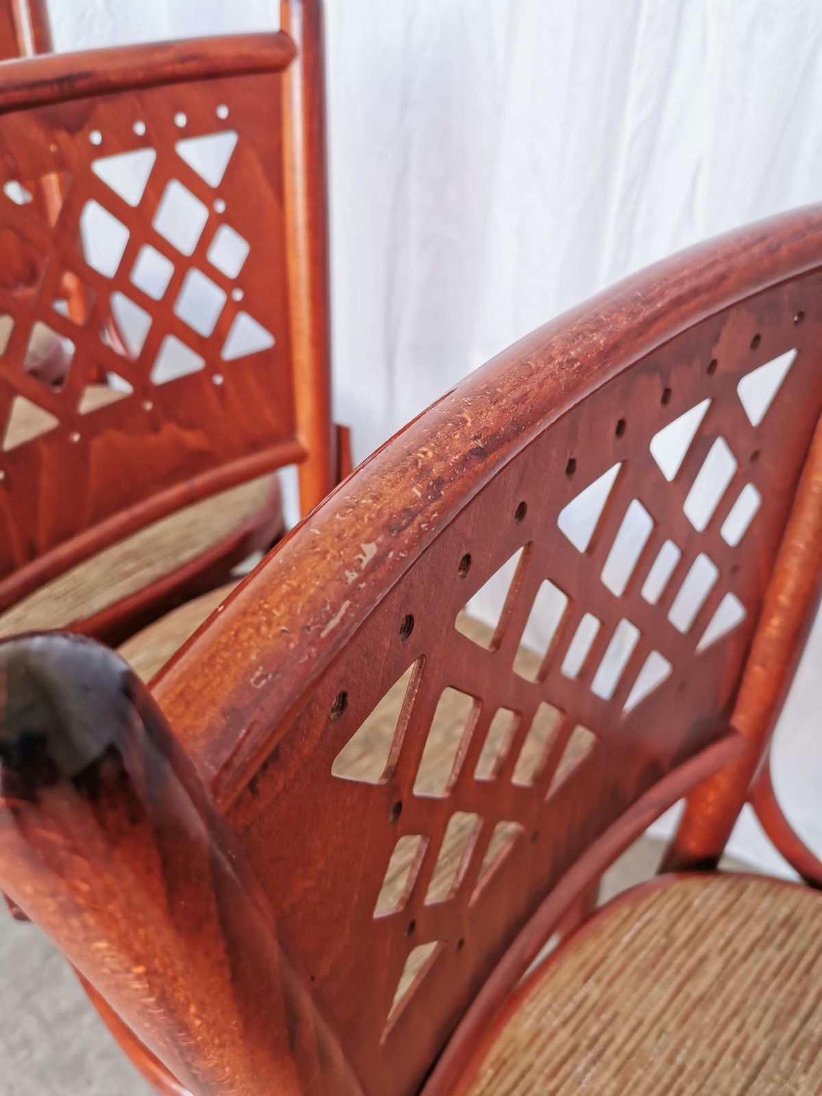 Set Of 6 Vintage Dining Chairs With Perforated Backrest In Reddish Wood With Brown Fabric Seat / 1980s Italy / Italian Bistro Dine Chair photo furniture