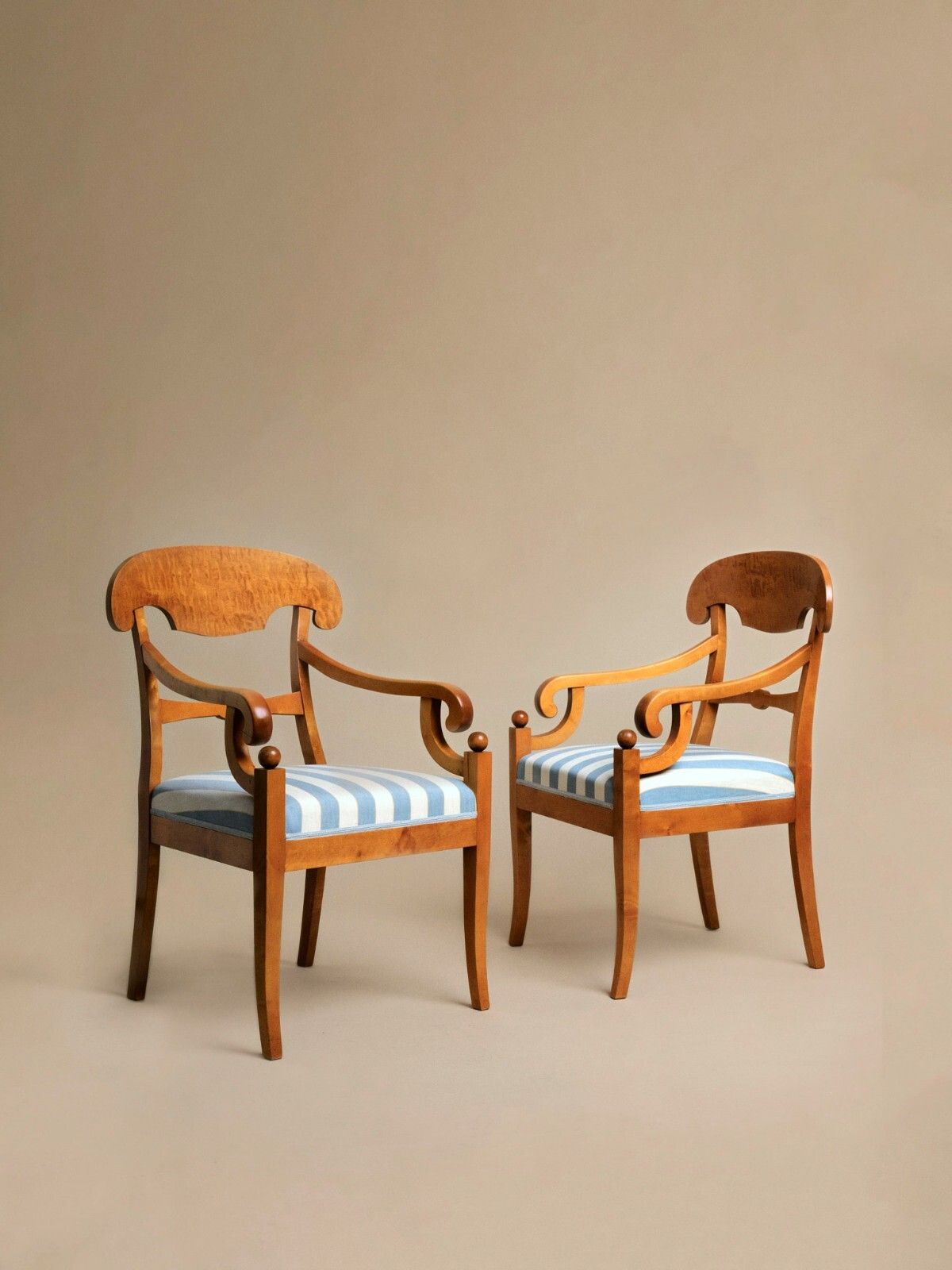 Pair Of  Antique Swedish Neoclassical Biedermeier Armchairs, Curly Birch C.1840