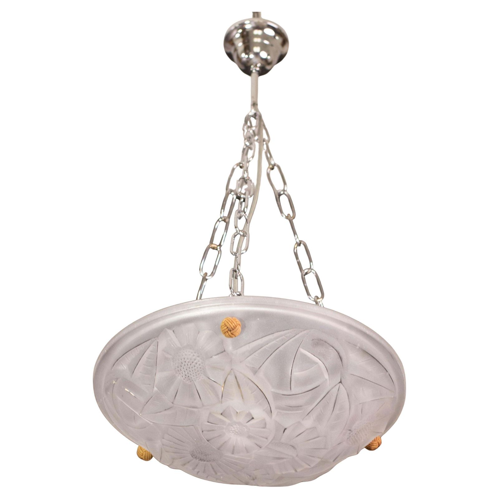 Art Deco Top Quality Pendant Light Floral Decorations, Signed Degué