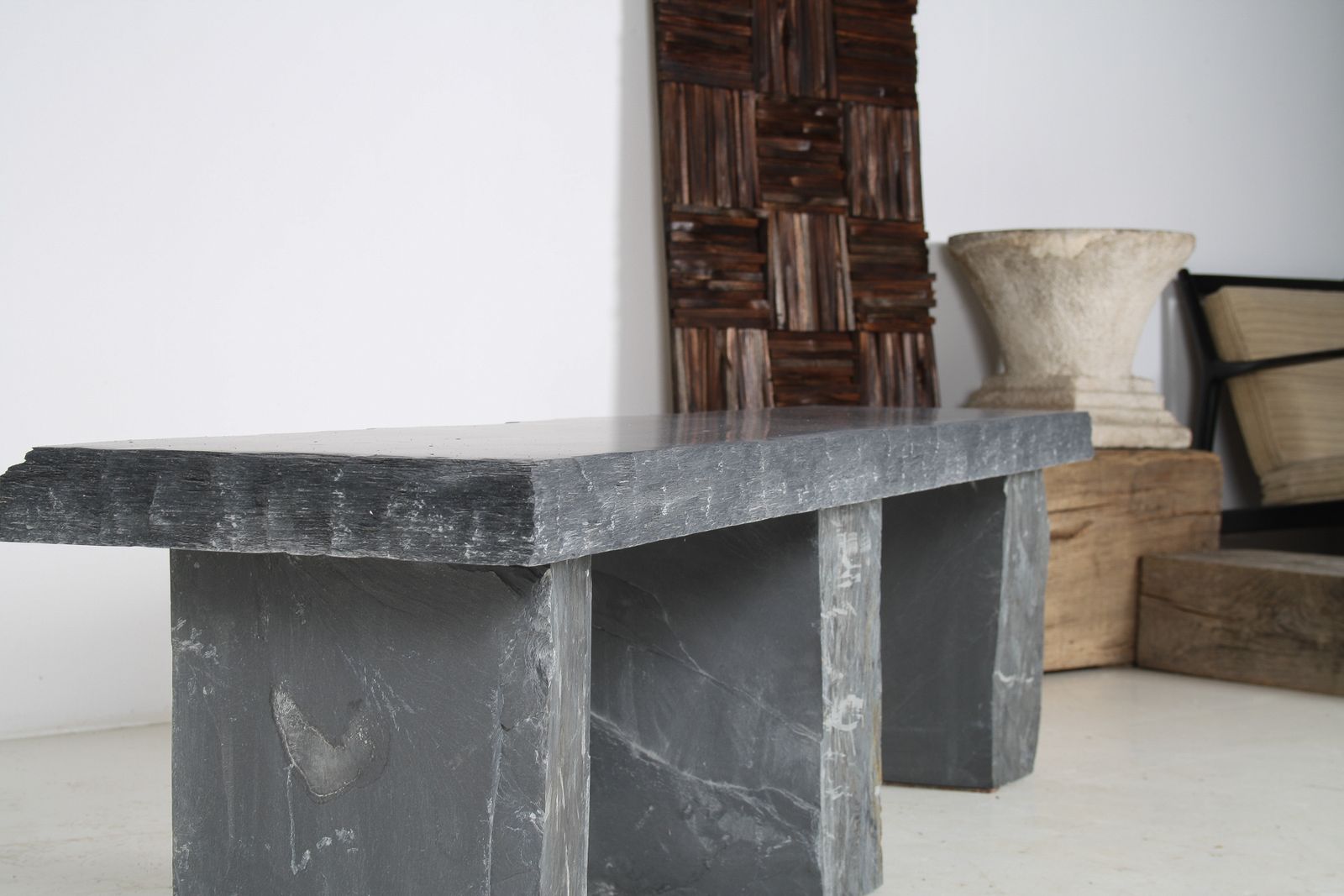 Large 6ft Natural Wabi Sabi Stone Slate Bench Seat On Bolster Plinth Base photo vinterior