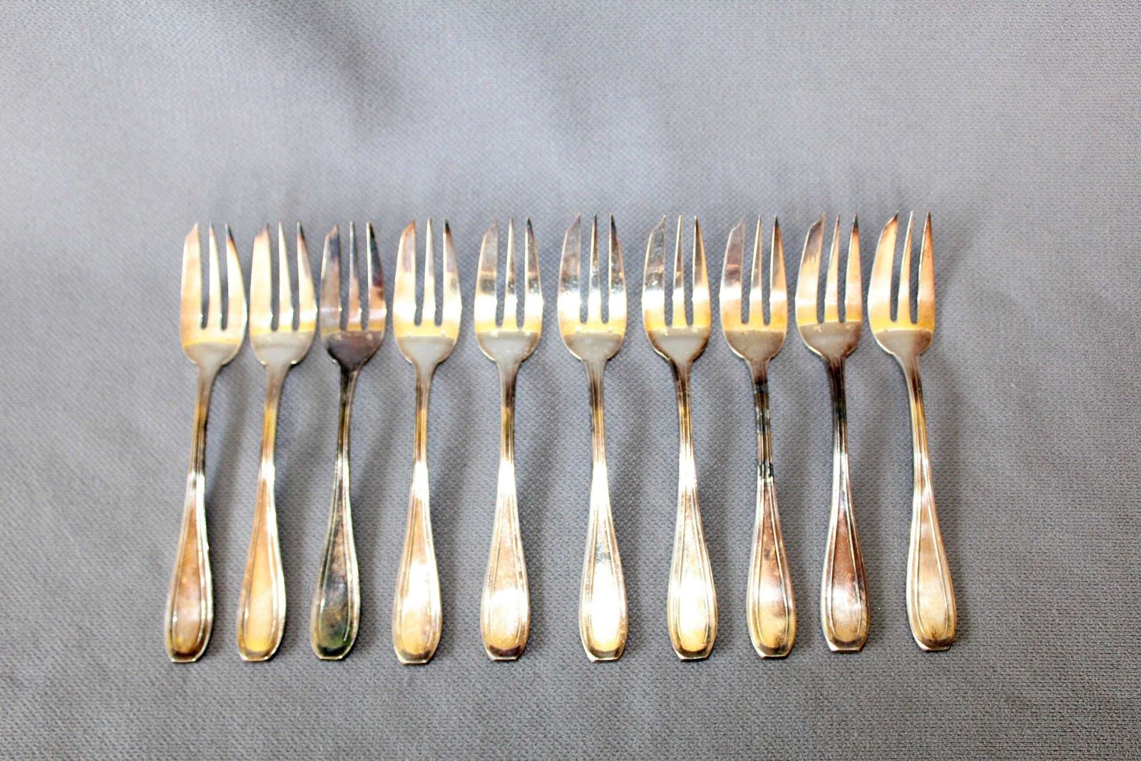 Antique Set Of 10 French Armand Frenais Silver Plated Small Forks, Dessert Forks, Art Nouveau Flowers Floral, France, Anchor Af Mark 12 Gram photo Home Decor