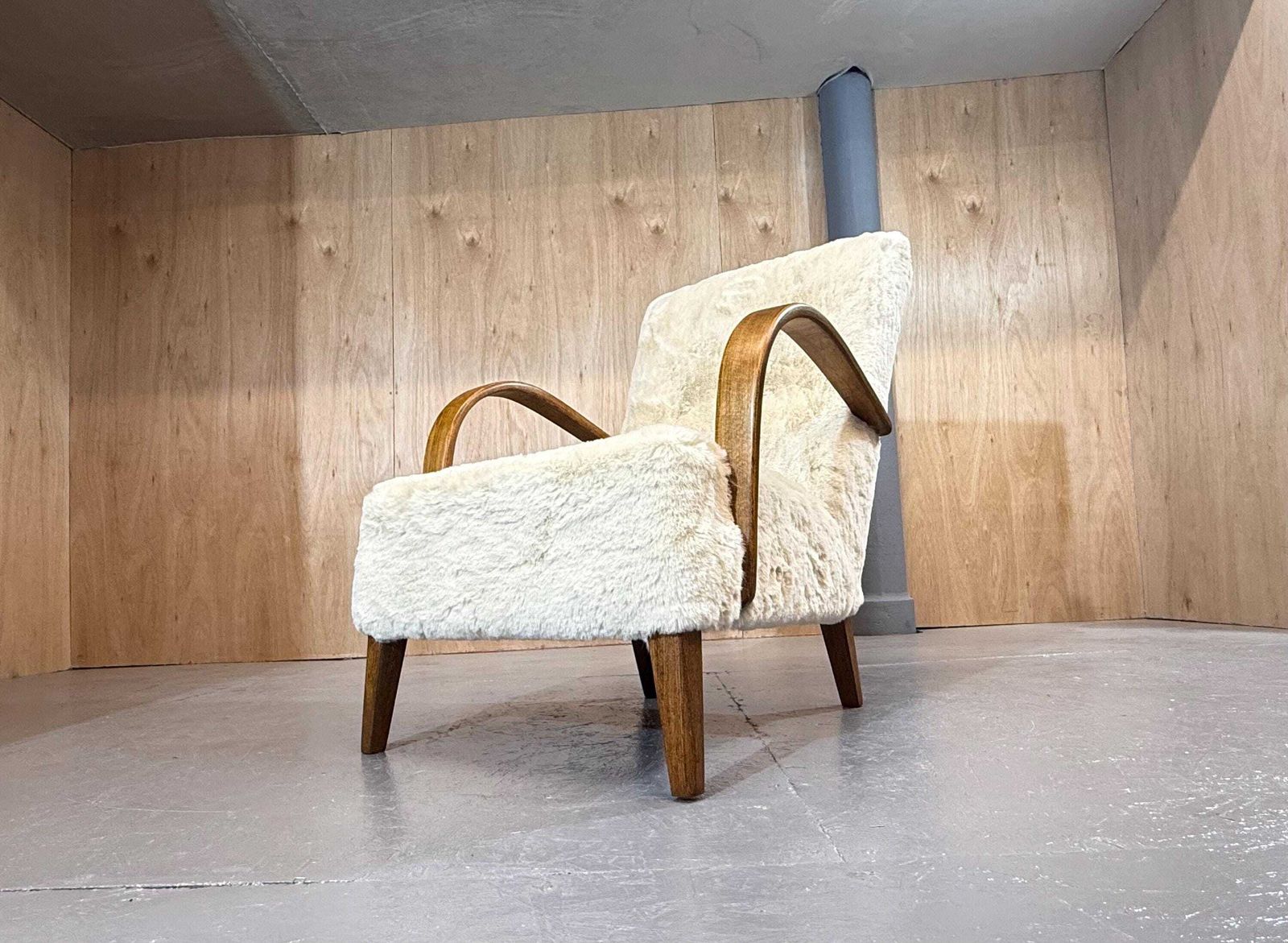Art Deco 1940’s Swept Curved Arm Oak Armchair In Polar Fleece Nordic Fur Fabric. Has Been Fully Refurbished & Restored.. Stunning Item…. photo for sale