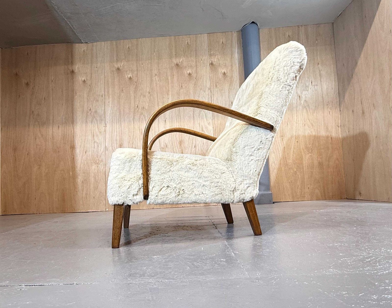 Art Deco 1940’s Swept Curved Arm Oak Armchair In Polar Fleece Nordic Fur Fabric. Has Been Fully Refurbished & Restored.. Stunning Item…. photo Furniture