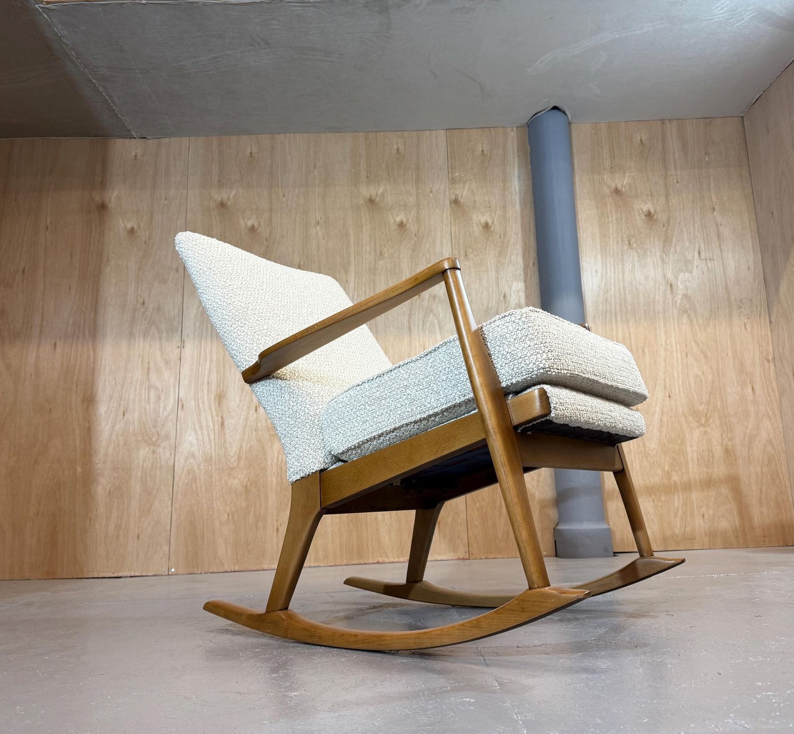 Parker Knoll Beautiful 1960’s Solid Beech Wooden Bespoke Rocker Armchair In Ivory Dusk Deep Boucle Fabric. Fully Refurbished & Restored.