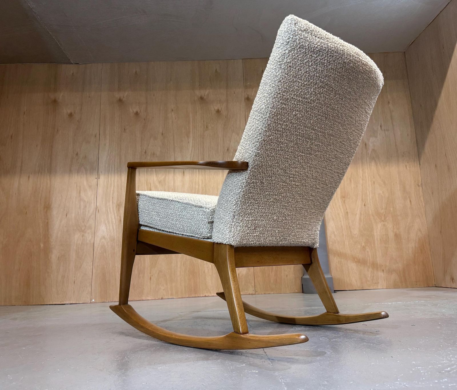 Parker Knoll Beautiful 1960’s Solid Beech Wooden Bespoke Rocker Armchair In Ivory Dusk Deep Boucle Fabric. Fully Refurbished & Restored. photo 745.0