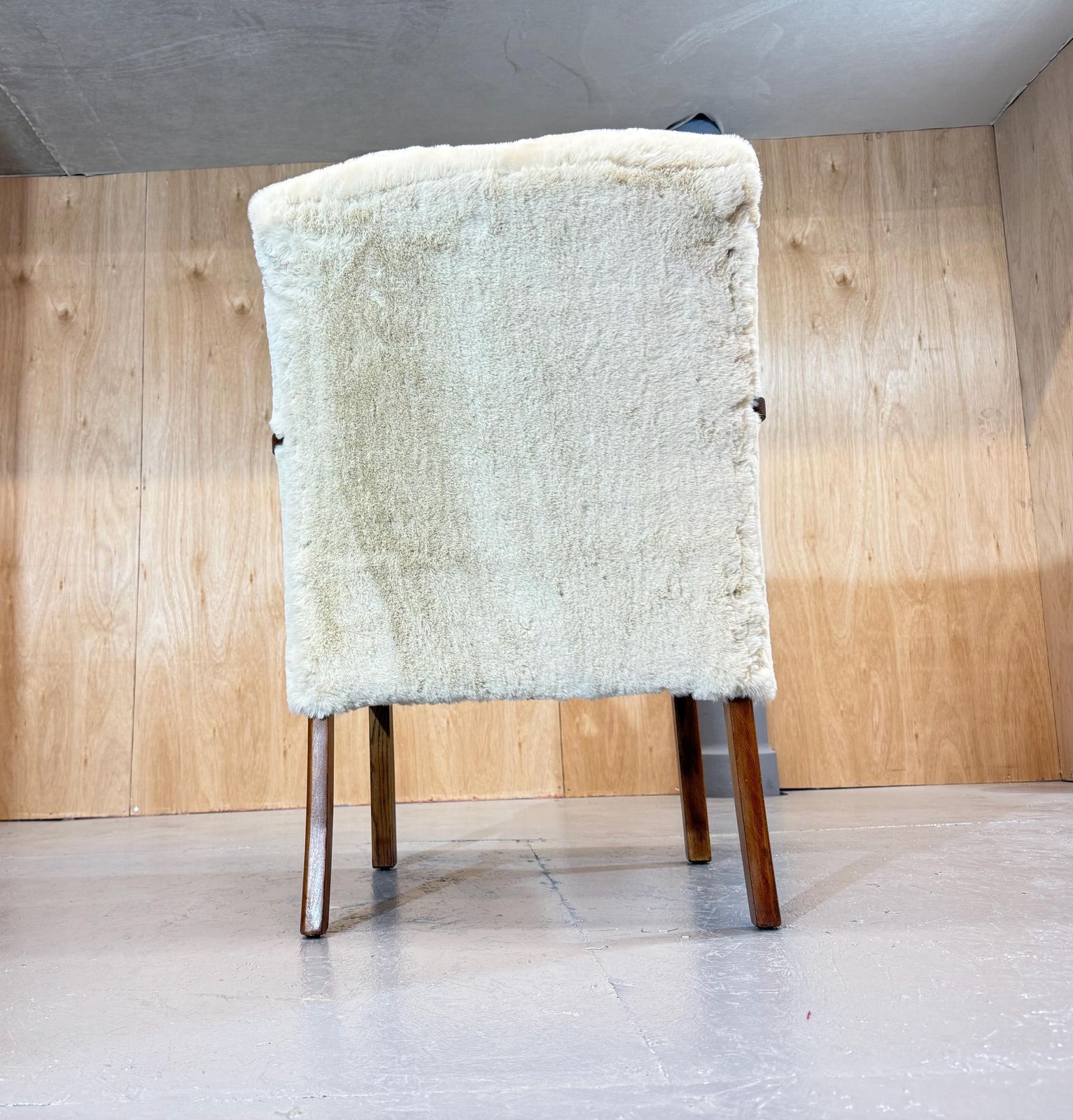 photo furniture Parker Knoll Petite 1930’s Bespoke Utility Armchair In Oak And Polar Fleece Nordic Fur Luxury Fabric. Fully Refurbished & Restored.