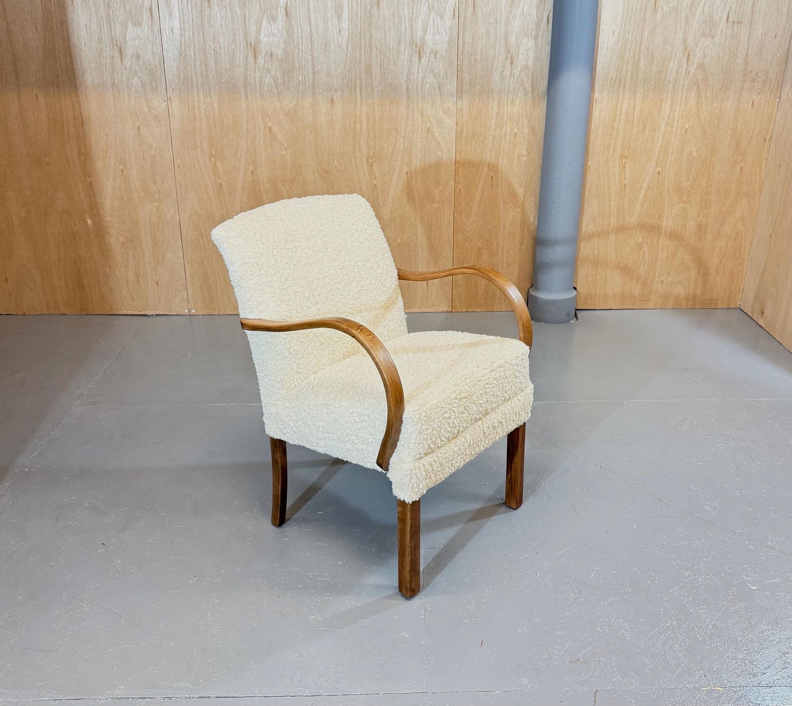 Parker Knoll 1930’s Oak Utility Petite Armchair In (Faux) Lambs Sheep Fleece Deep Boucle Luxury. Fully Refurbished & Restored. photo Furniture