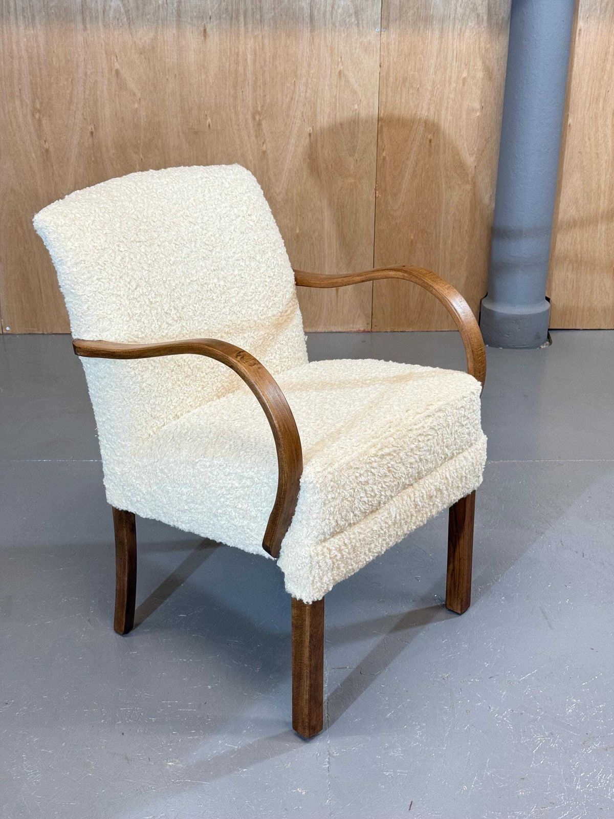 photo for sale Parker Knoll 1930’s Oak Utility Petite Armchair In (Faux) Lambs Sheep Fleece Deep Boucle Luxury. Fully Refurbished & Restored.