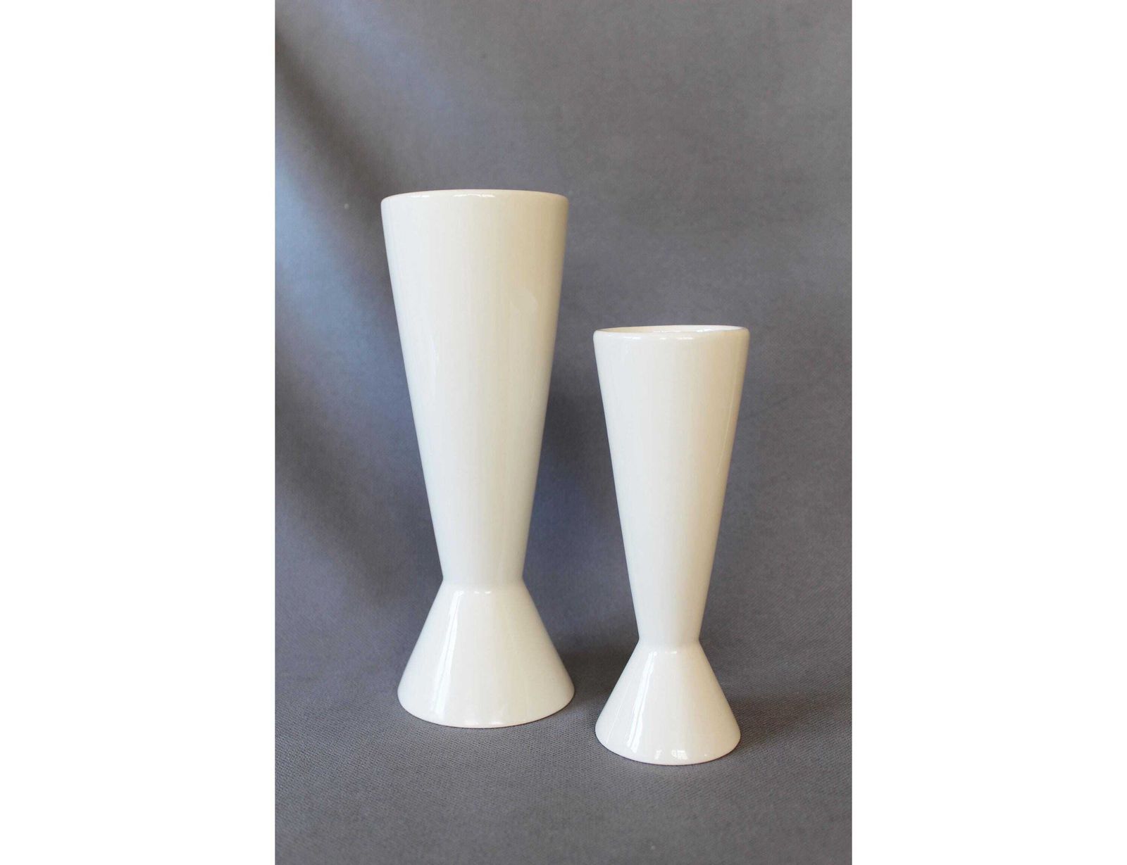 Set Of 2 Modernist Ceramic Off White Cone Vase, Candle Holder, Royal Boch Belgium, Designer Emmanuel Gardin, Model Slender, Double Sided