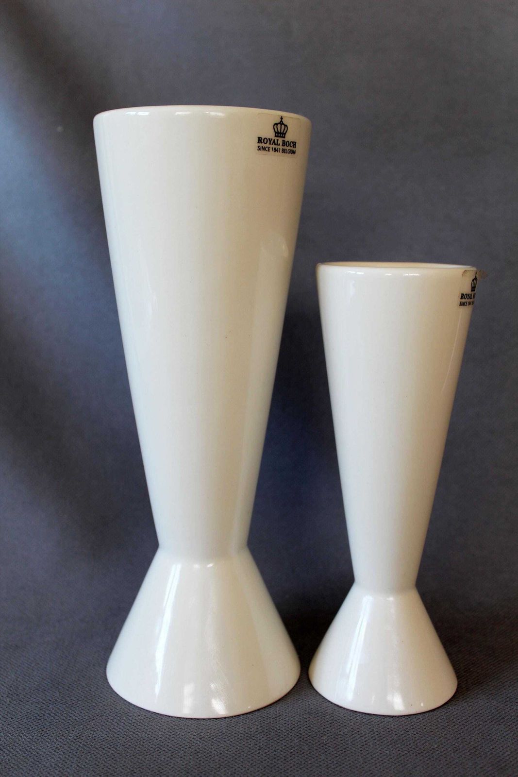 Set Of 2 Modernist Ceramic Off White Cone Vase, Candle Holder, Royal Boch Belgium, Designer Emmanuel Gardin, Model Slender, Double Sided photo Home Decor