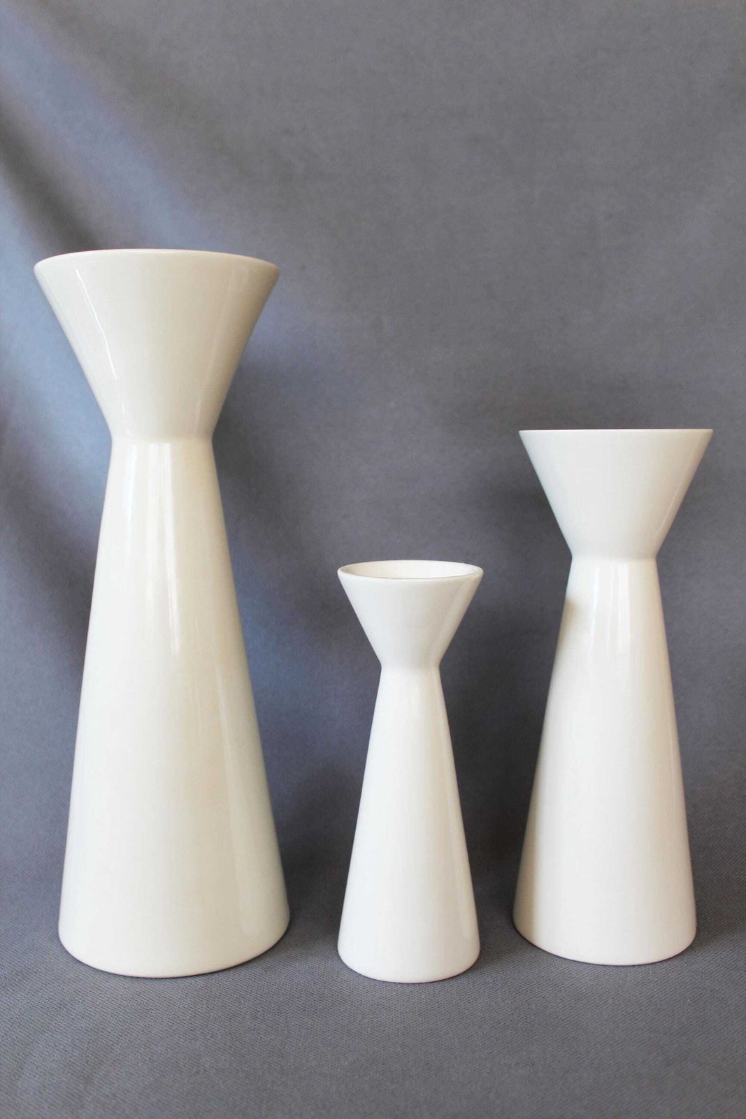 Set Of 3 Modernist Ceramic Off White Cone Vase, Candle Holder, Royal Boch Belgium, Designer Emmanuel Gardin, Model Slender, Double Sided photo for sale