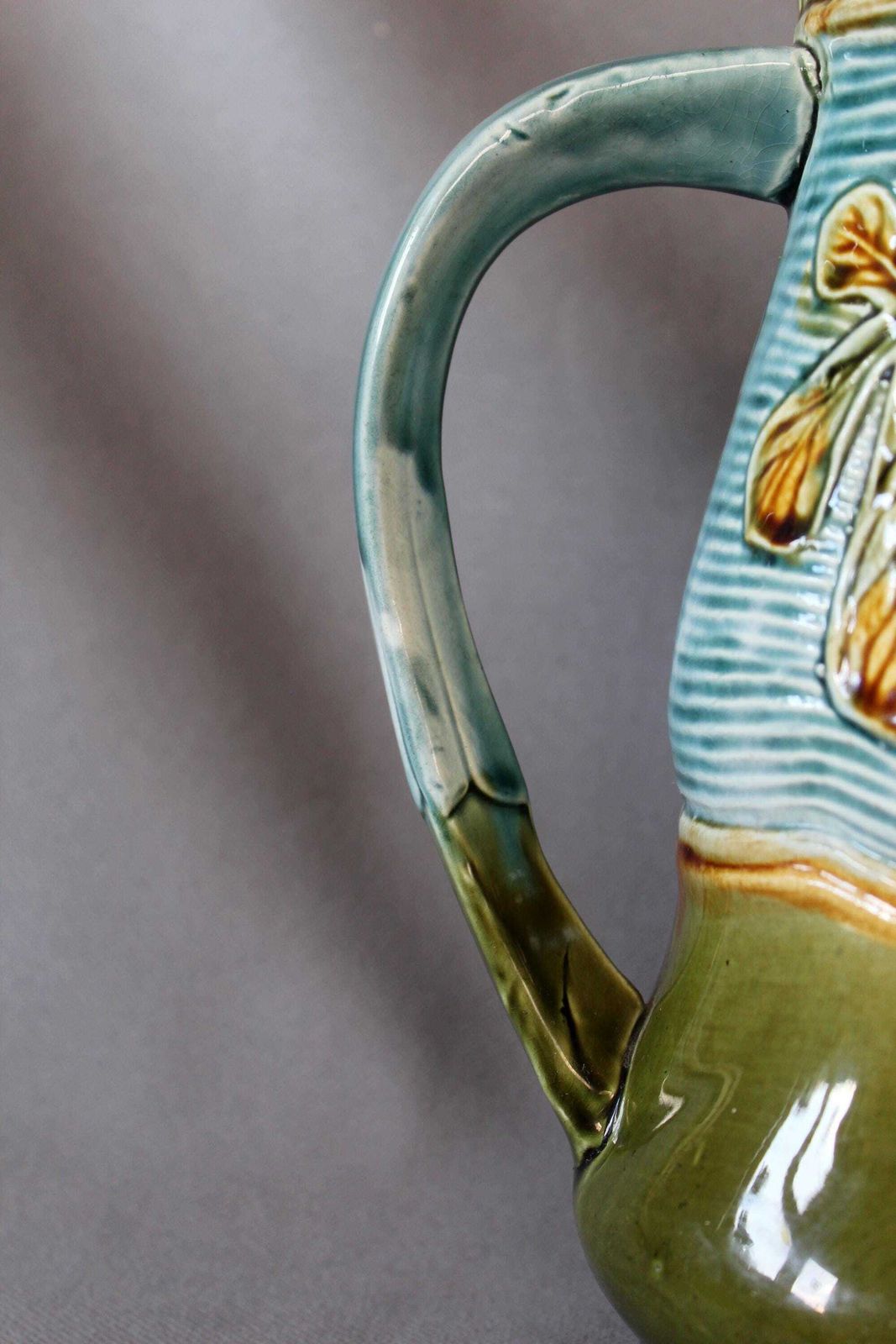 Large And Tall Antique French Majolica Ceramic Jug Pitcher, Turquoise Green Brown, Leaf Design, 19th Century, Water Pitcher, Collectible photo vinterior