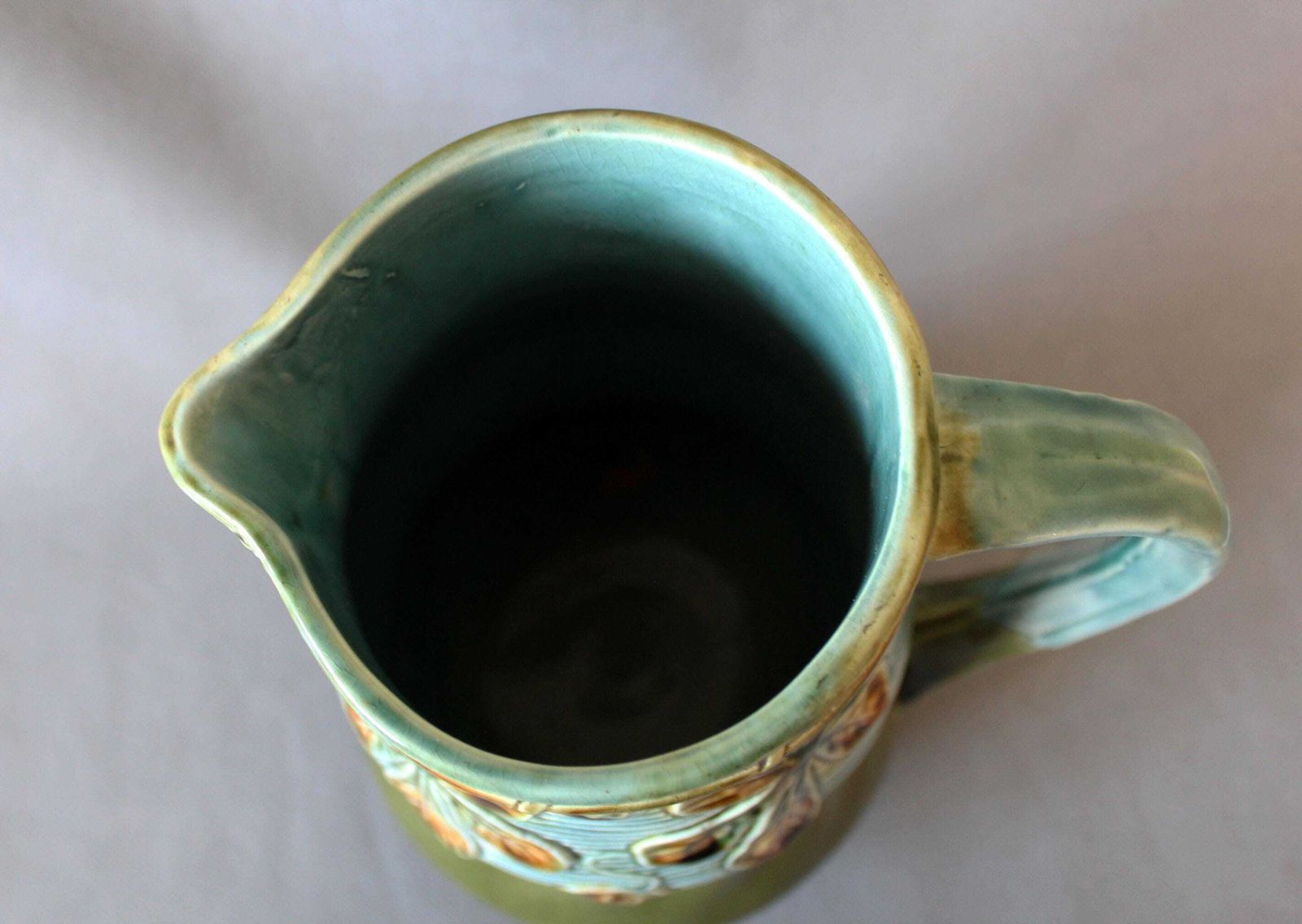 photo furniture Large And Tall Antique French Majolica Ceramic Jug Pitcher, Turquoise Green Brown, Leaf Design, 19th Century, Water Pitcher, Collectible
