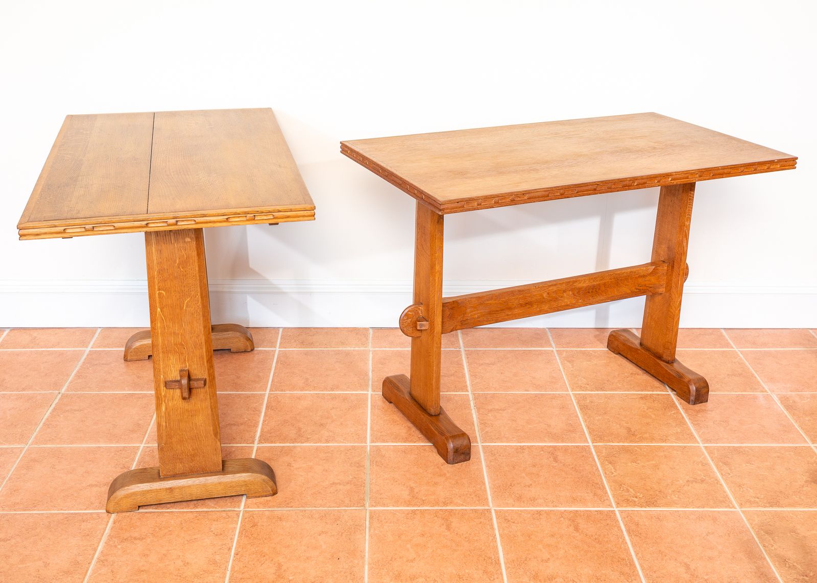 Pair Of Light Oak Refectory Trestle Tables Cotswold School Arts And Crafts Heals Bedroom Side Dining Tables Golden Oak Rustic Farmhouse Antiqu.E photo vinterior