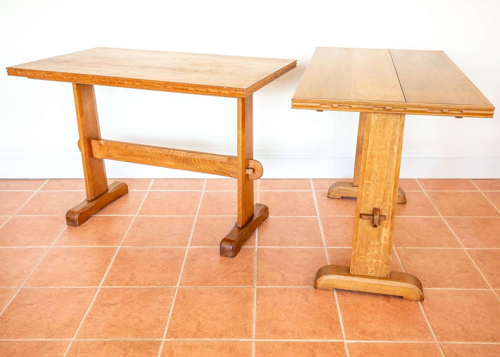 photo for sale Pair Of Light Oak Refectory Trestle Tables Cotswold School Arts And Crafts Heals Bedroom Side Dining Tables Golden Oak Rustic Farmhouse Antiqu.E