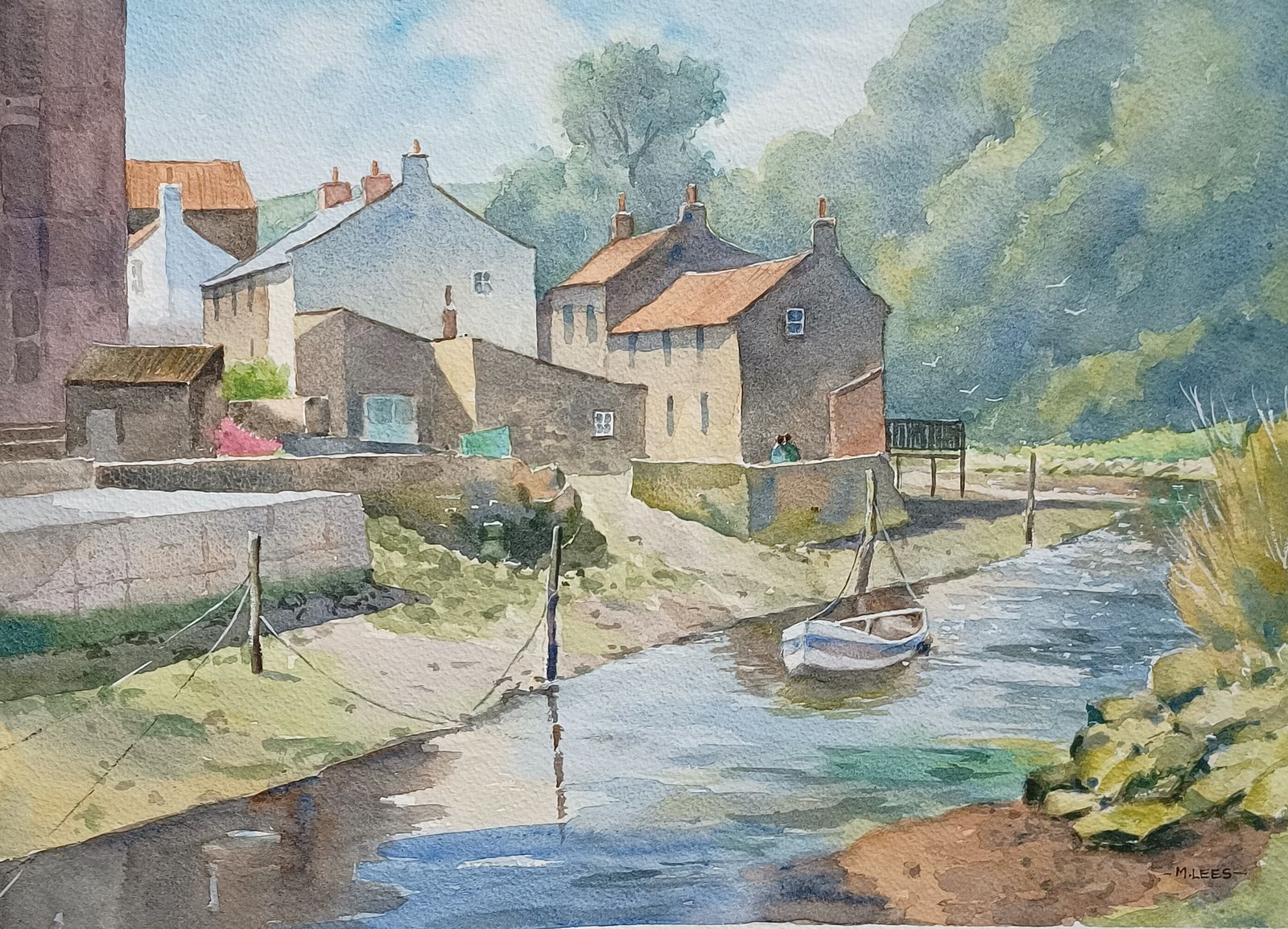 Original Unframed Watercolour Painting,Low Tide Quayside West Yorkshire Signed M.Lees. photo vinterior