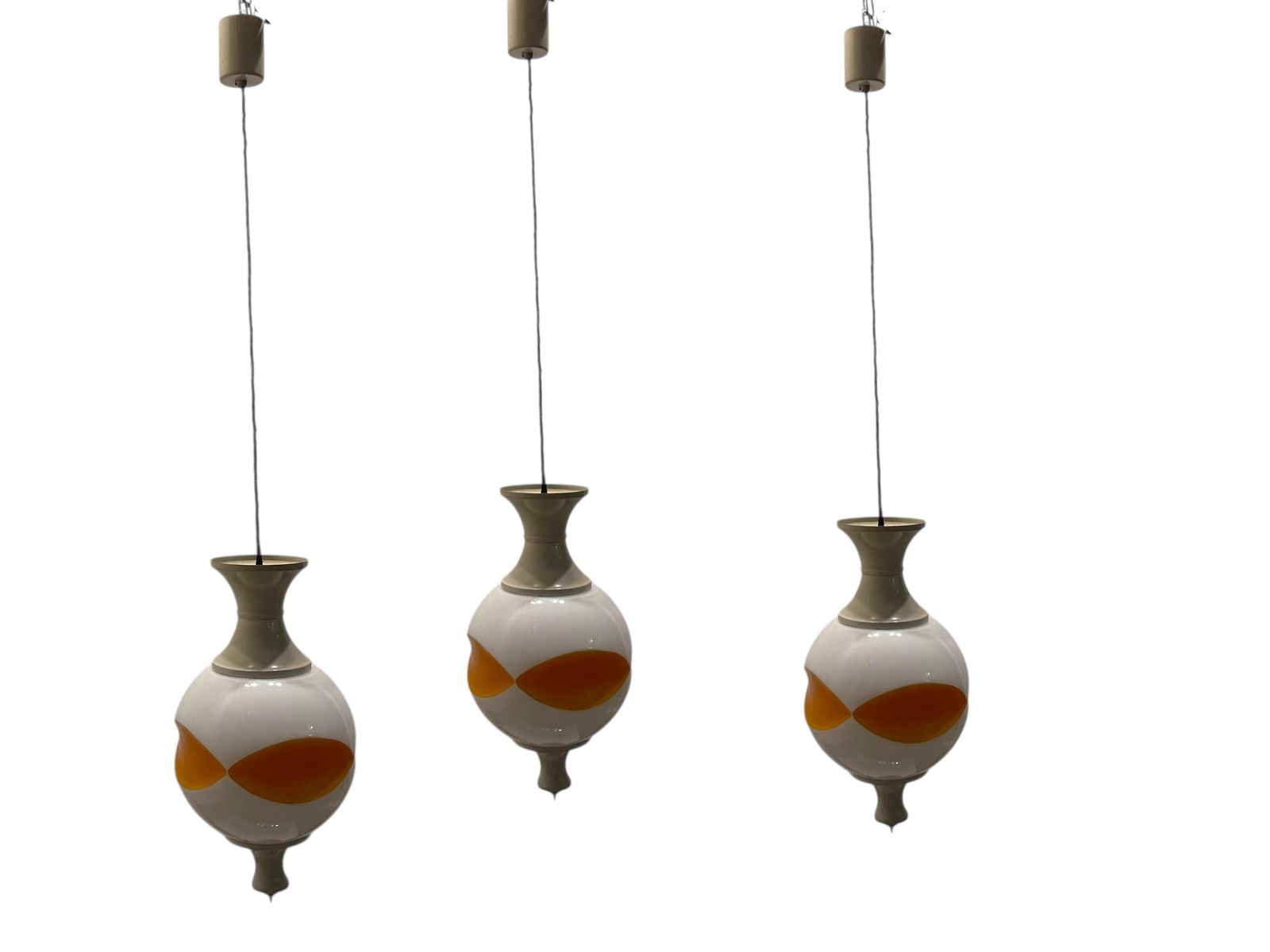 Set Of 3 Space Age Pendant Lights In White Opaline Glass, Italy, 1970s