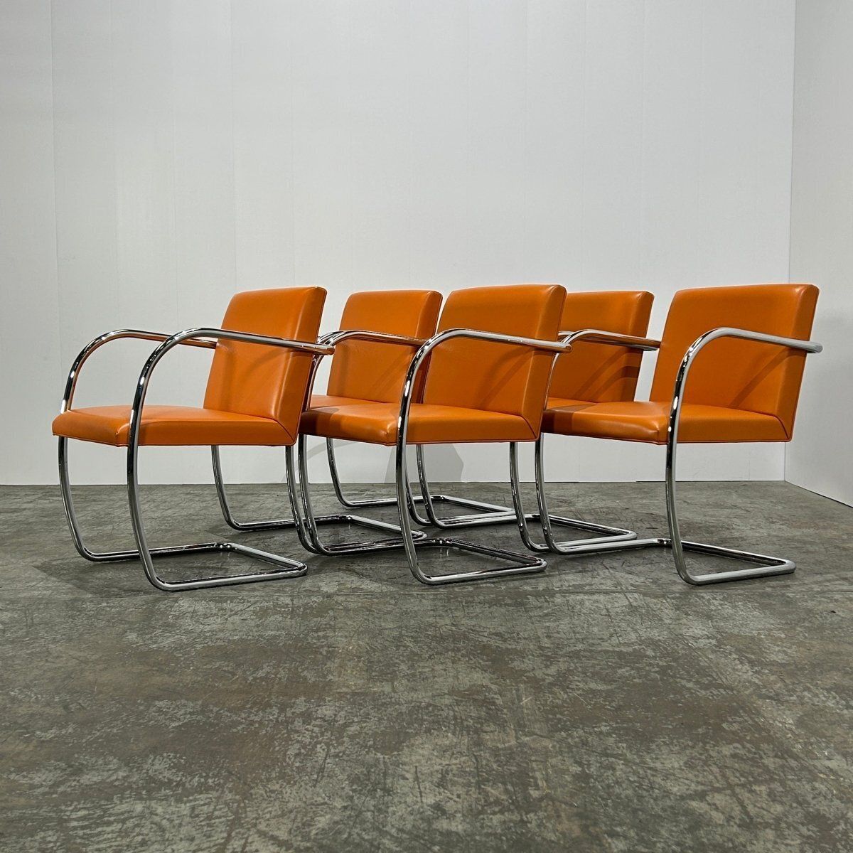 Knoll Brno Tubular Tan Orange Leather Chair By Ludwig Mies Van Der Rohe, Set Of Six photo vintage