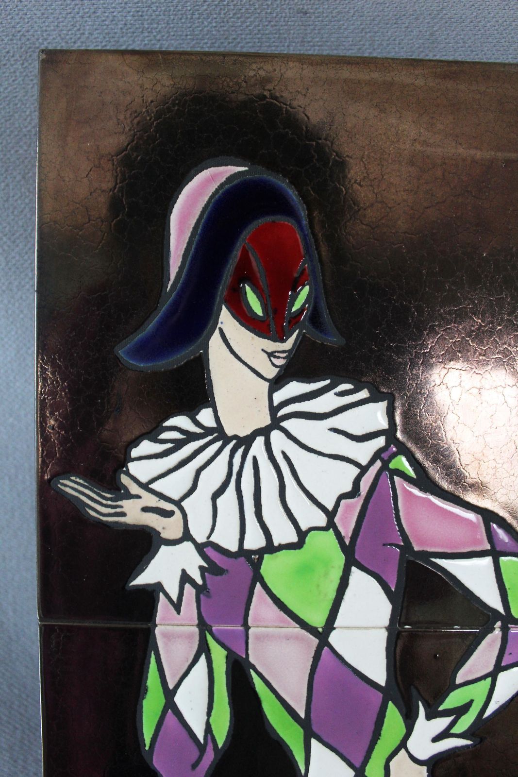 Tall Vintage Mid Century Retro Harlequin Jester Ceramic Tile Art Panel, Wall Plaque, Tile Panel On Wood, Painting, Mardi Gras, Dancer photo furniture