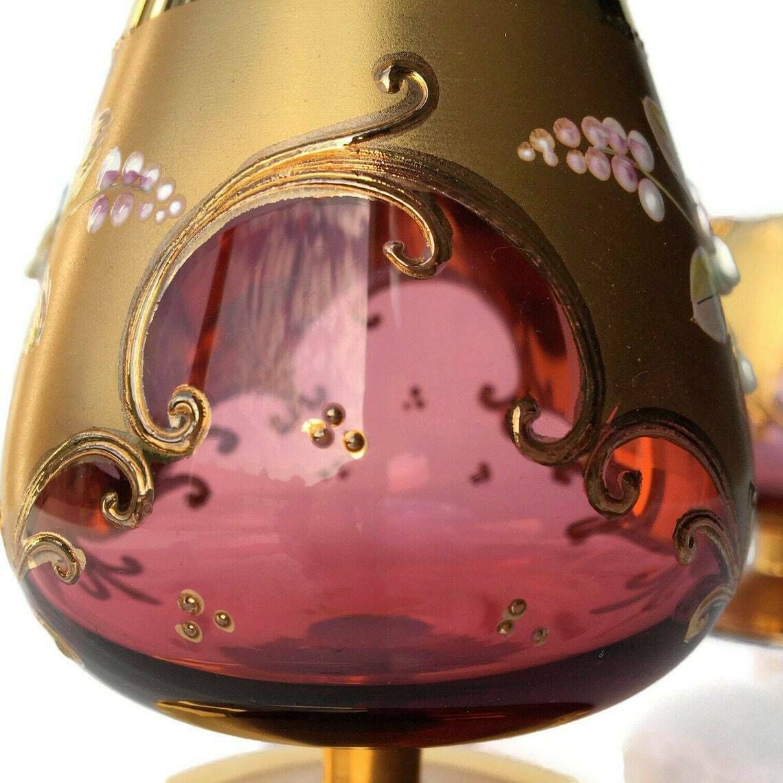 1x Moser Cognac Glass | Brandy Snifter | Cranberry Covered With Gold And Raised Flowers. Czech Republic Glass Art. photo Home Decor