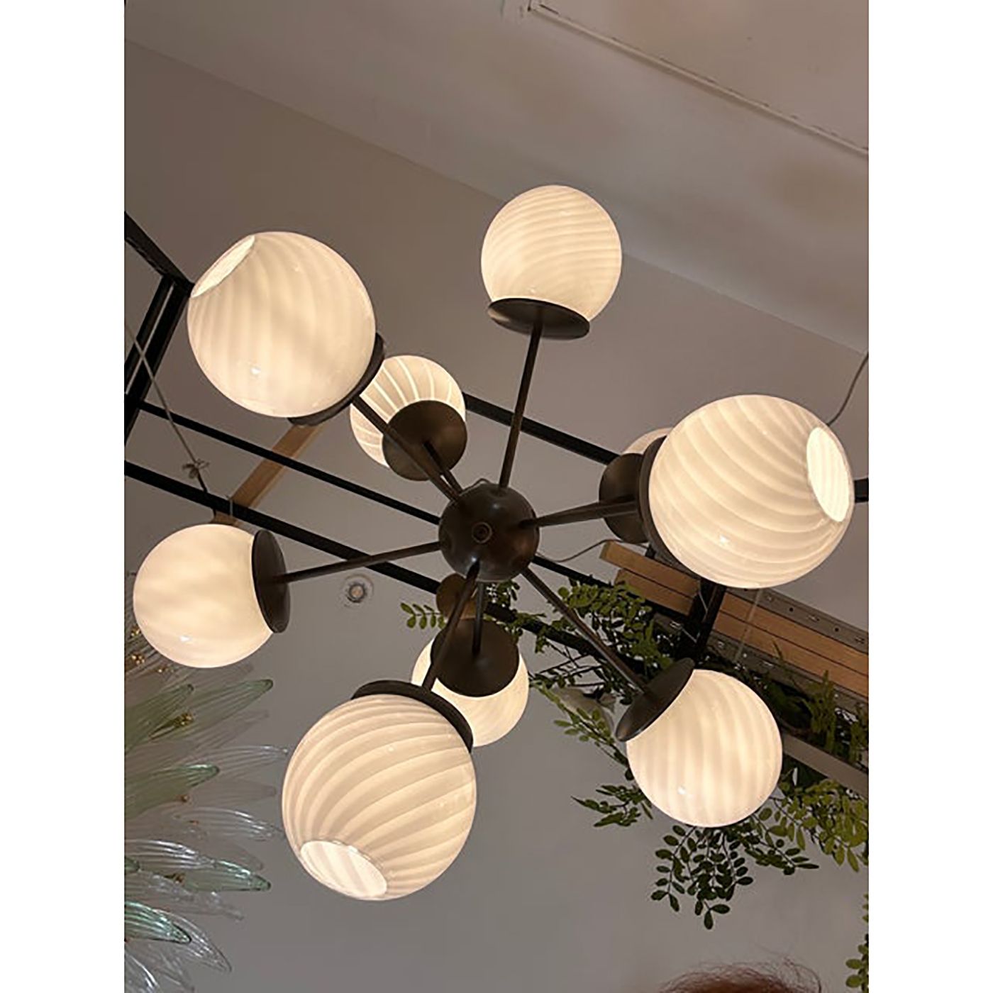 Italian Burnished Sputnik Chandelier In Milky White Swirl Style Murano Glass photo for sale