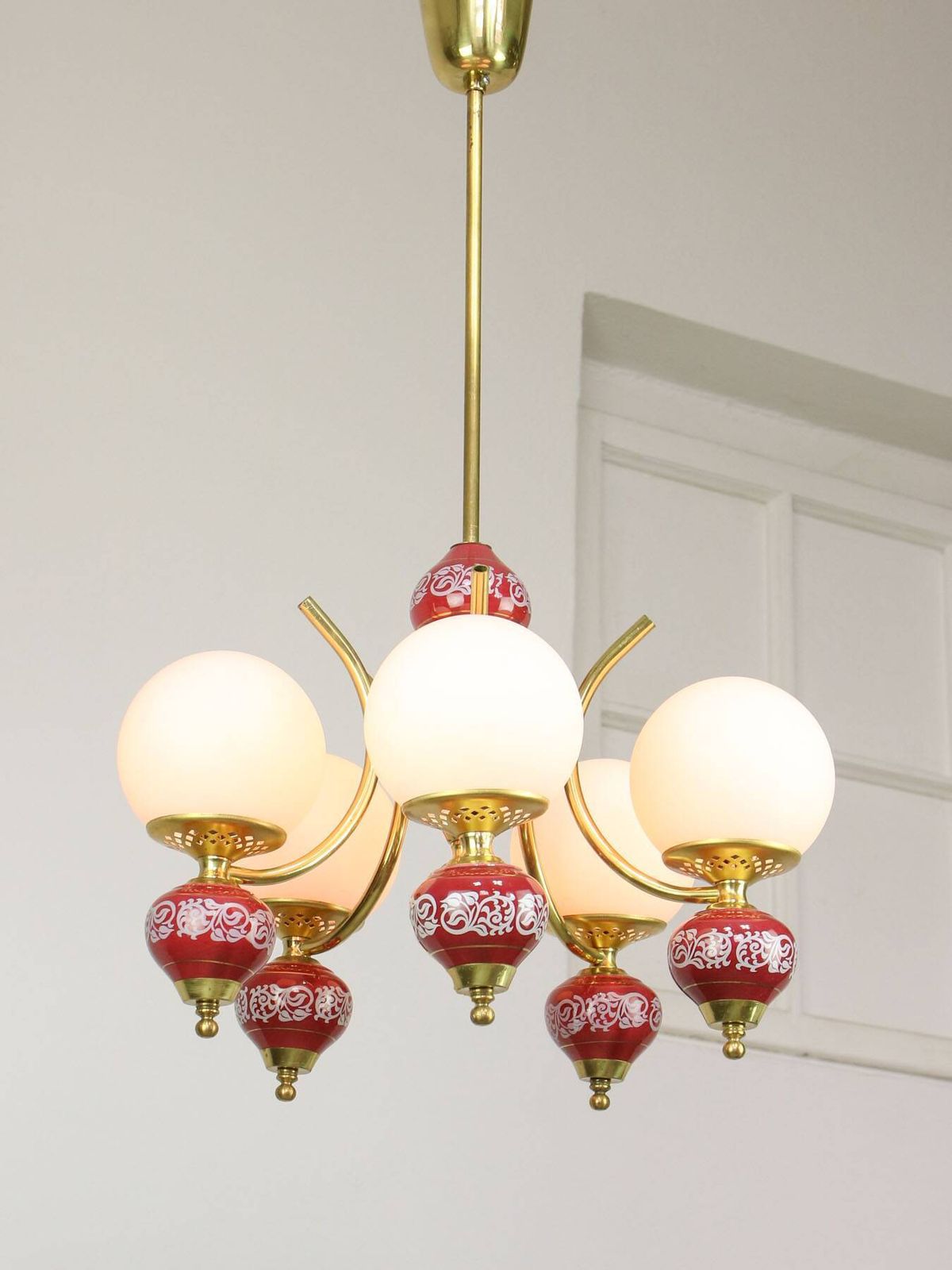 Mid Century Italian Brass, Opaline & Ceramic Chandelier photo furniture