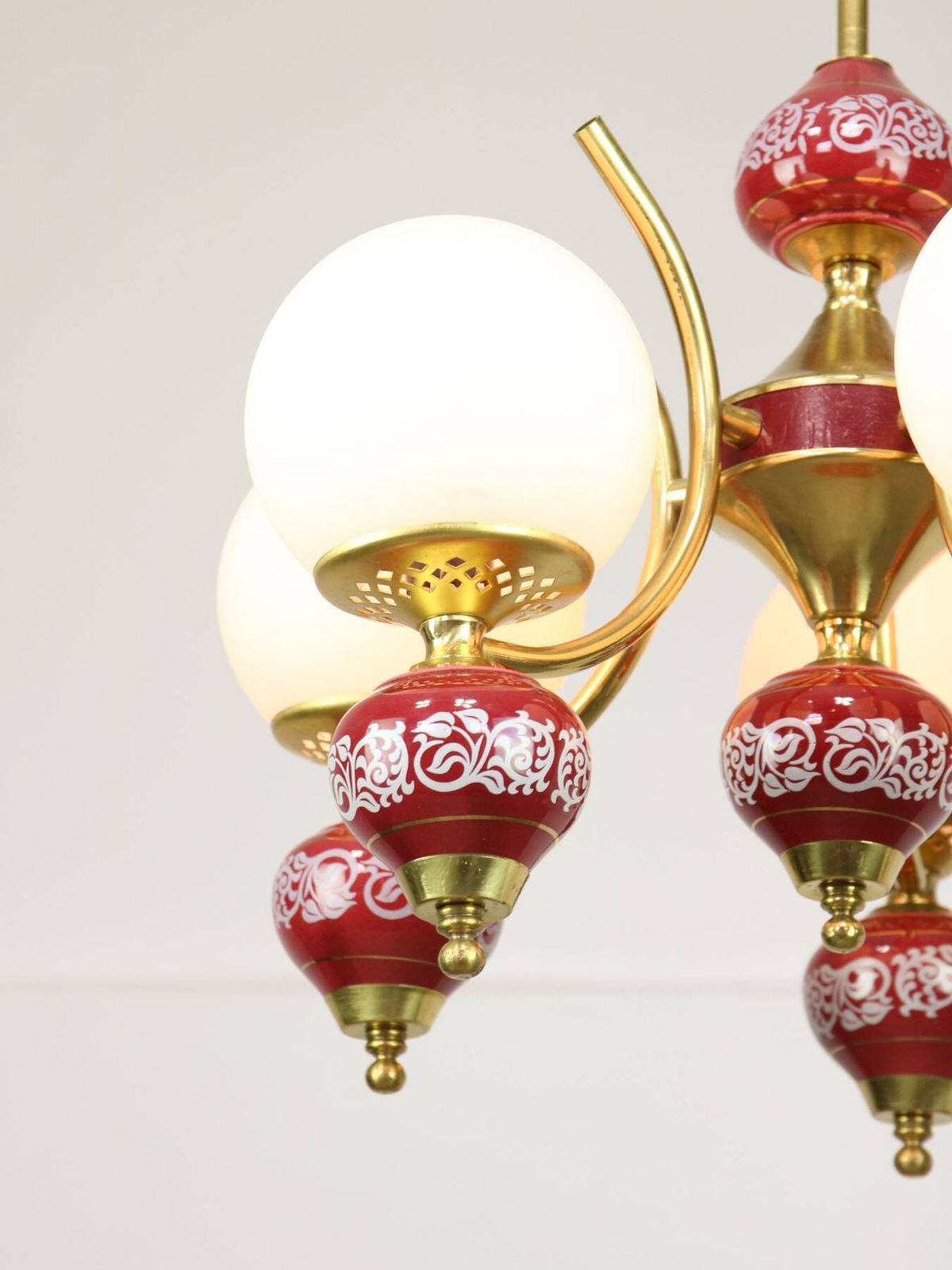 Mid Century Italian Brass, Opaline & Ceramic Chandelier photo vinterior