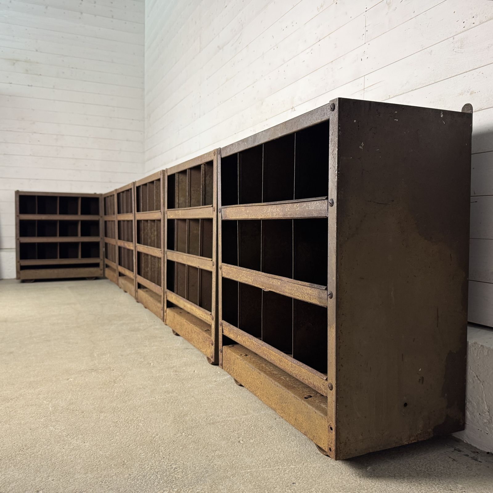Set Of 6 Small Industrial Steel Pigeon Hole Units On Wheels photo vinterior