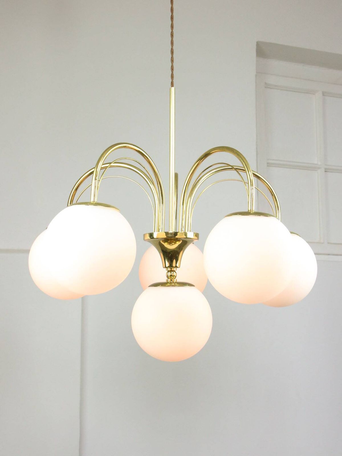 Vintage Golden & Opaline Glass 5 Arm Chandelier, 70s photo for sale