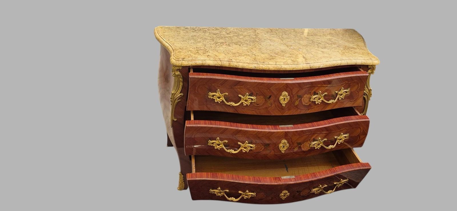 2243.0 Louis XV Style Marquetry And Marble Chest Of Drawers, France, Early 20th Century photo