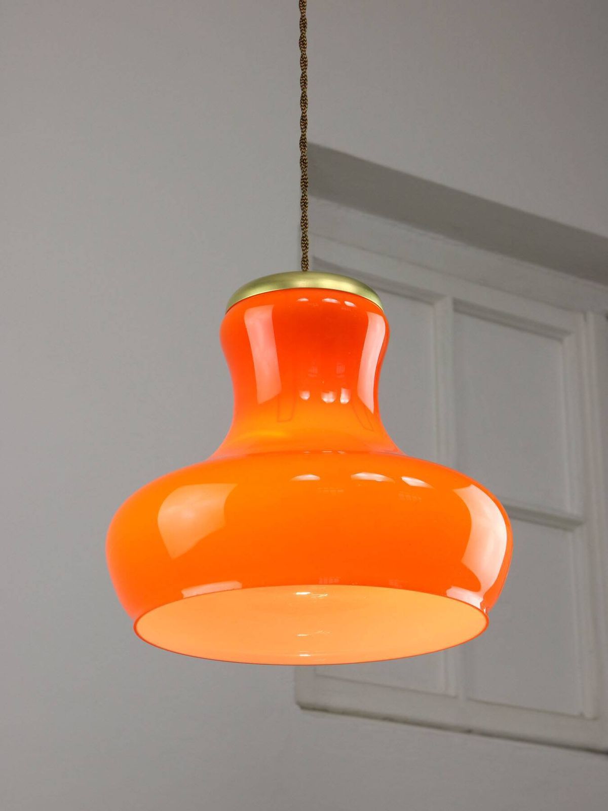 Mid Century Modern Italian Orange Glass And Brass Pendant Lamp photo for sale