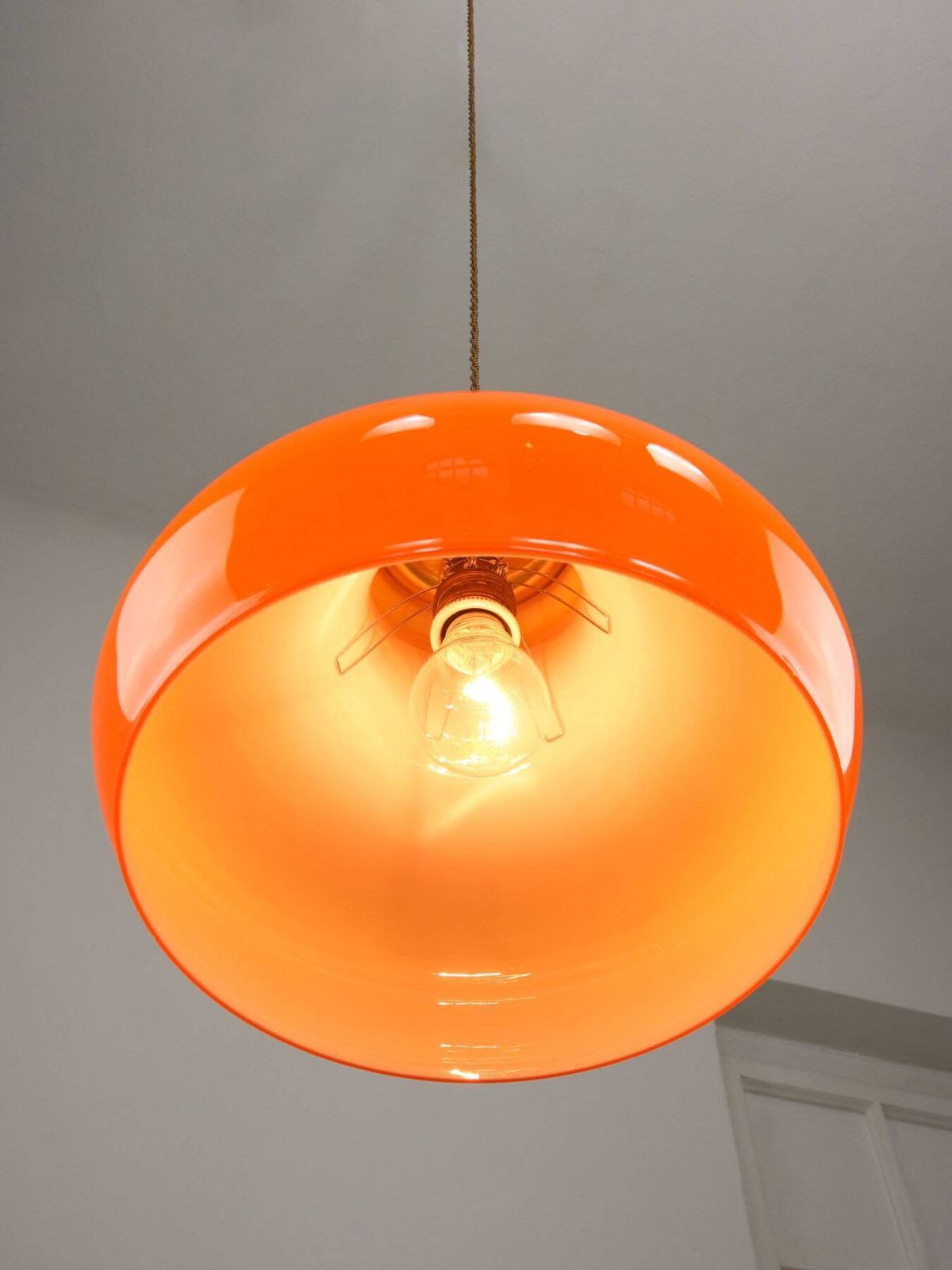 Mid Century Modern Italian Orange Glass And Brass Pendant Lamp photo 583.0