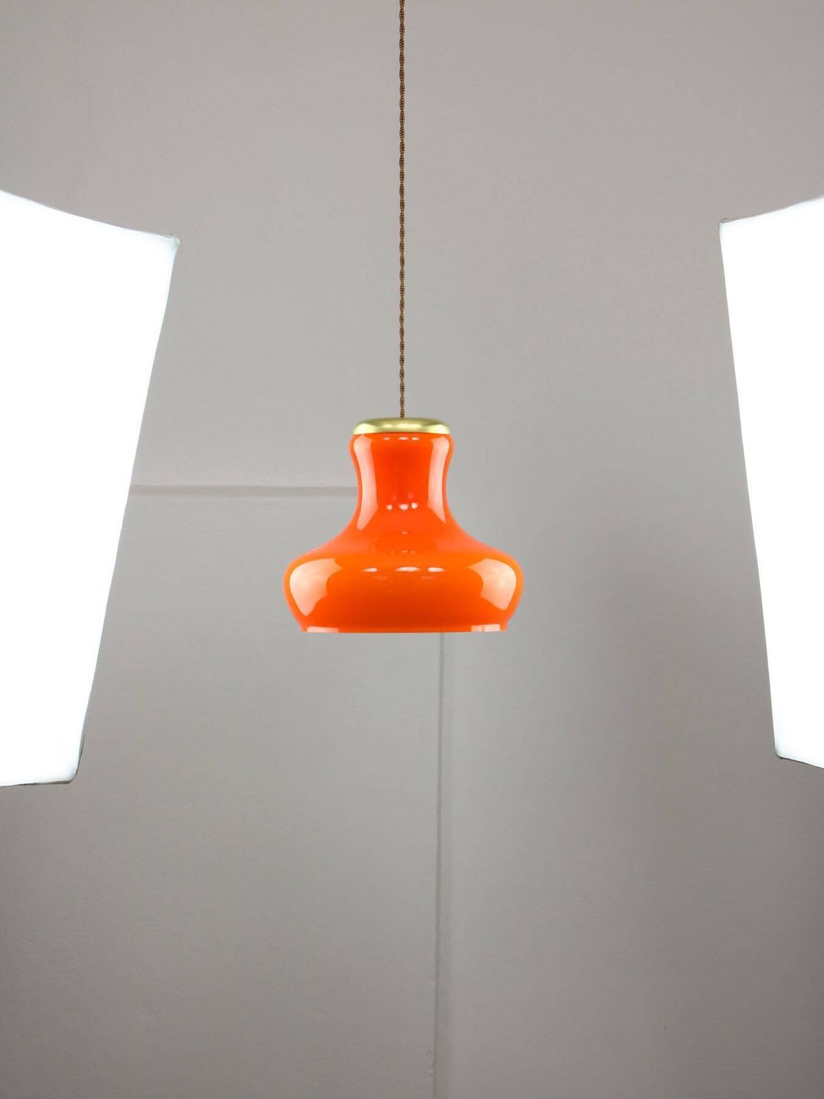 Mid Century Modern Italian Orange Glass And Brass Pendant Lamp photo vintage