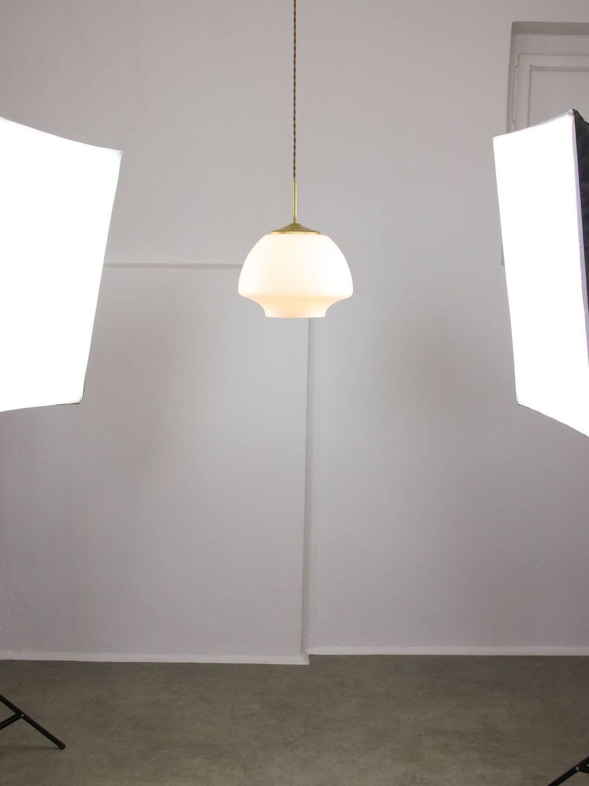 Mid Century Modern Italian Opaline Glass And Brass Pendant Lamp photo vintage