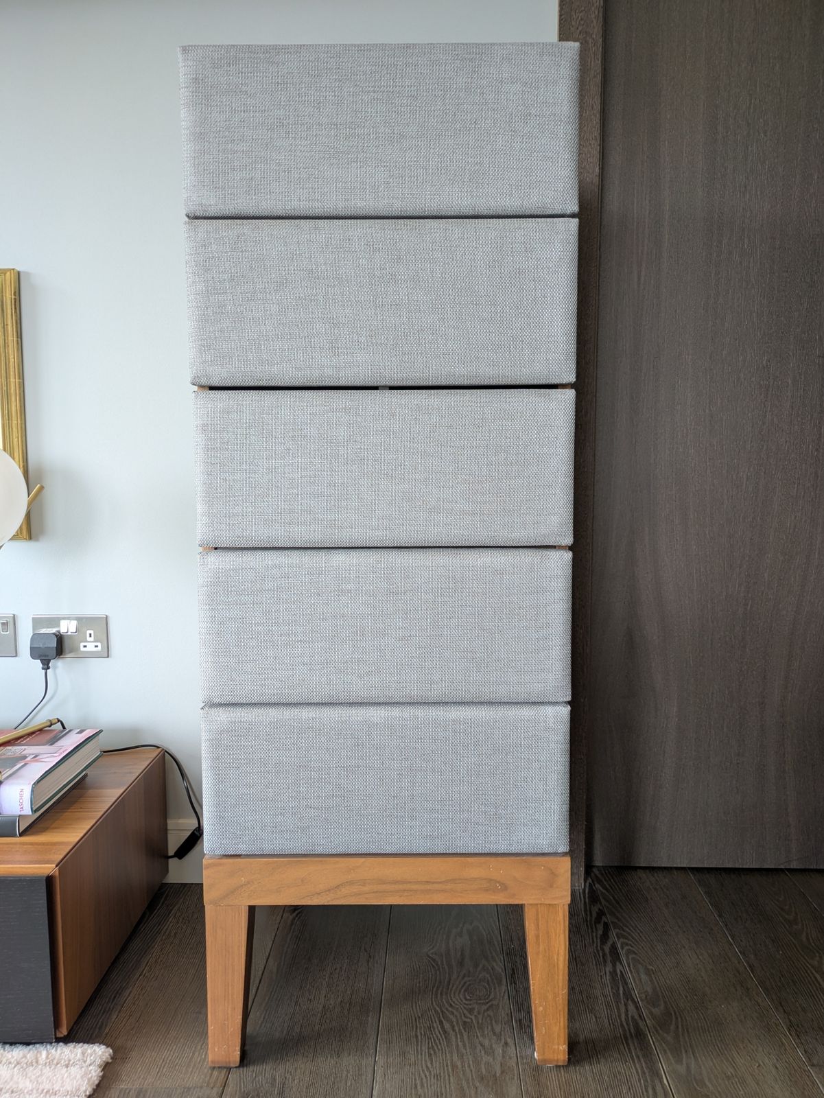 Tall Chest Of Drawers In Walnut And Upholstered Grey Fabric photo for sale