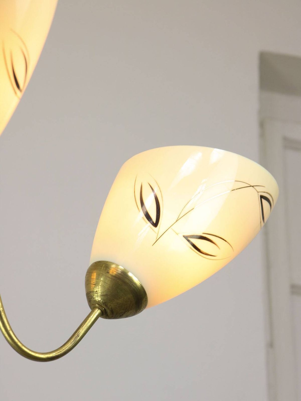 photo for sale Italian Art Deco Chandelier In Brass And Yellow Glass, 1940s