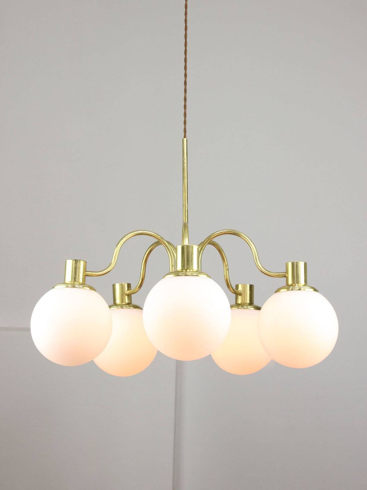 Italian Mid Century Modern Chandelier In Brass And Opaline Glass, 1960s photo 688.0