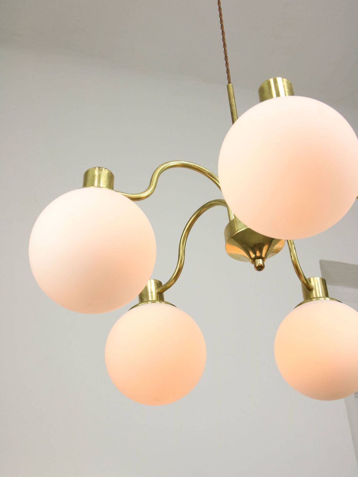 Italian Mid Century Modern Chandelier In Brass And Opaline Glass, 1960s photo buy