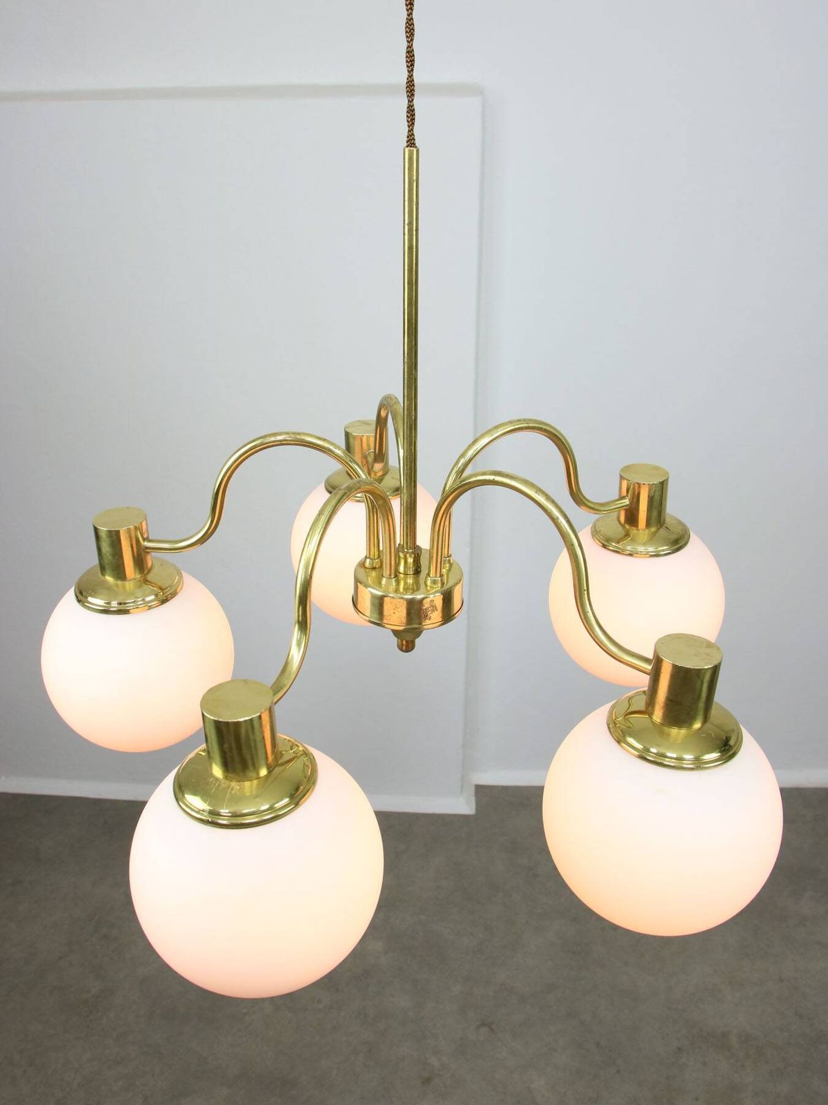 Lighting Italian Mid Century Modern Chandelier In Brass And Opaline Glass, 1960s photo