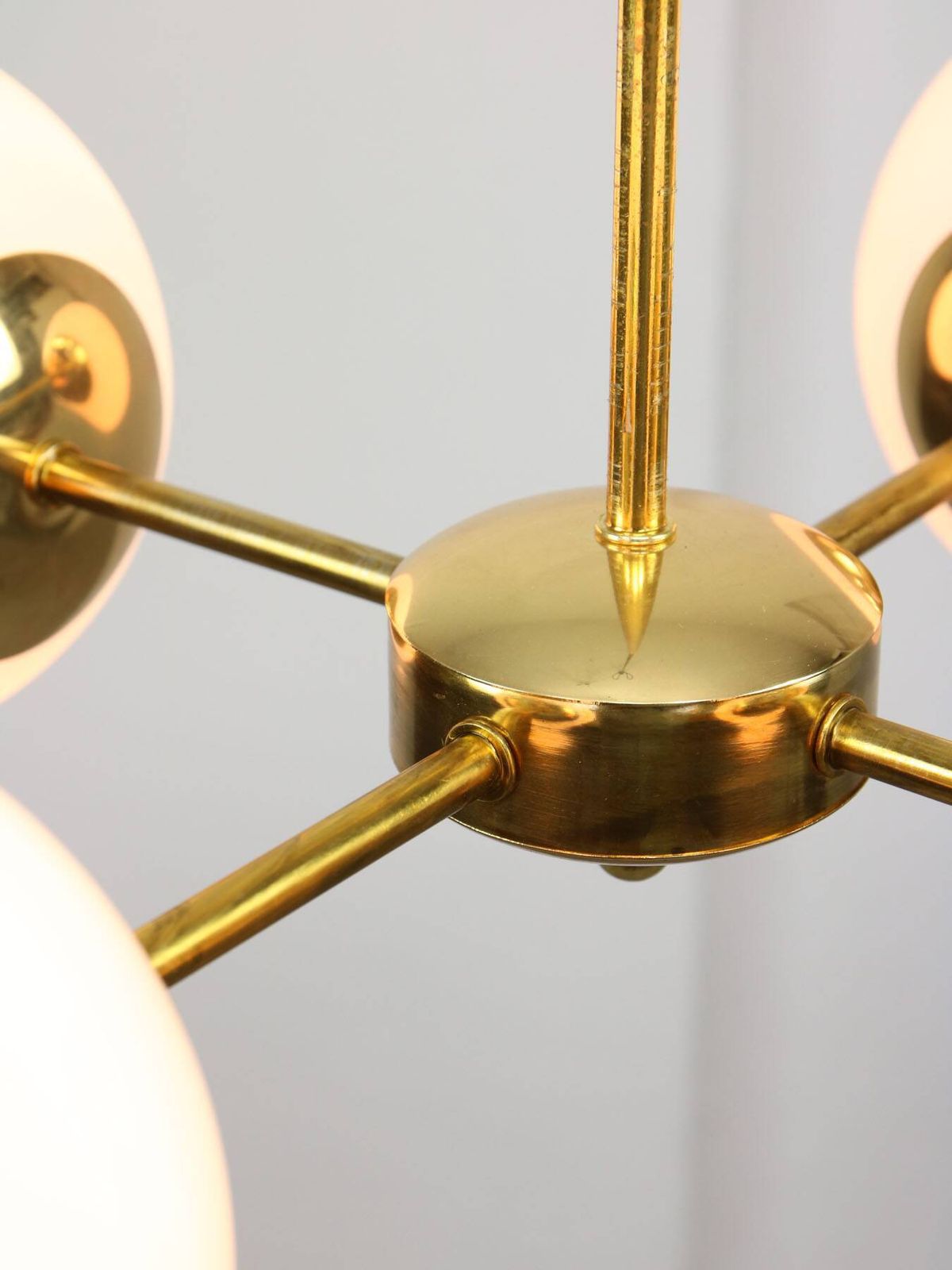 Italian Mid Century Golden Sputnik Chandelier With Opaline Shades, 1960s photo buy