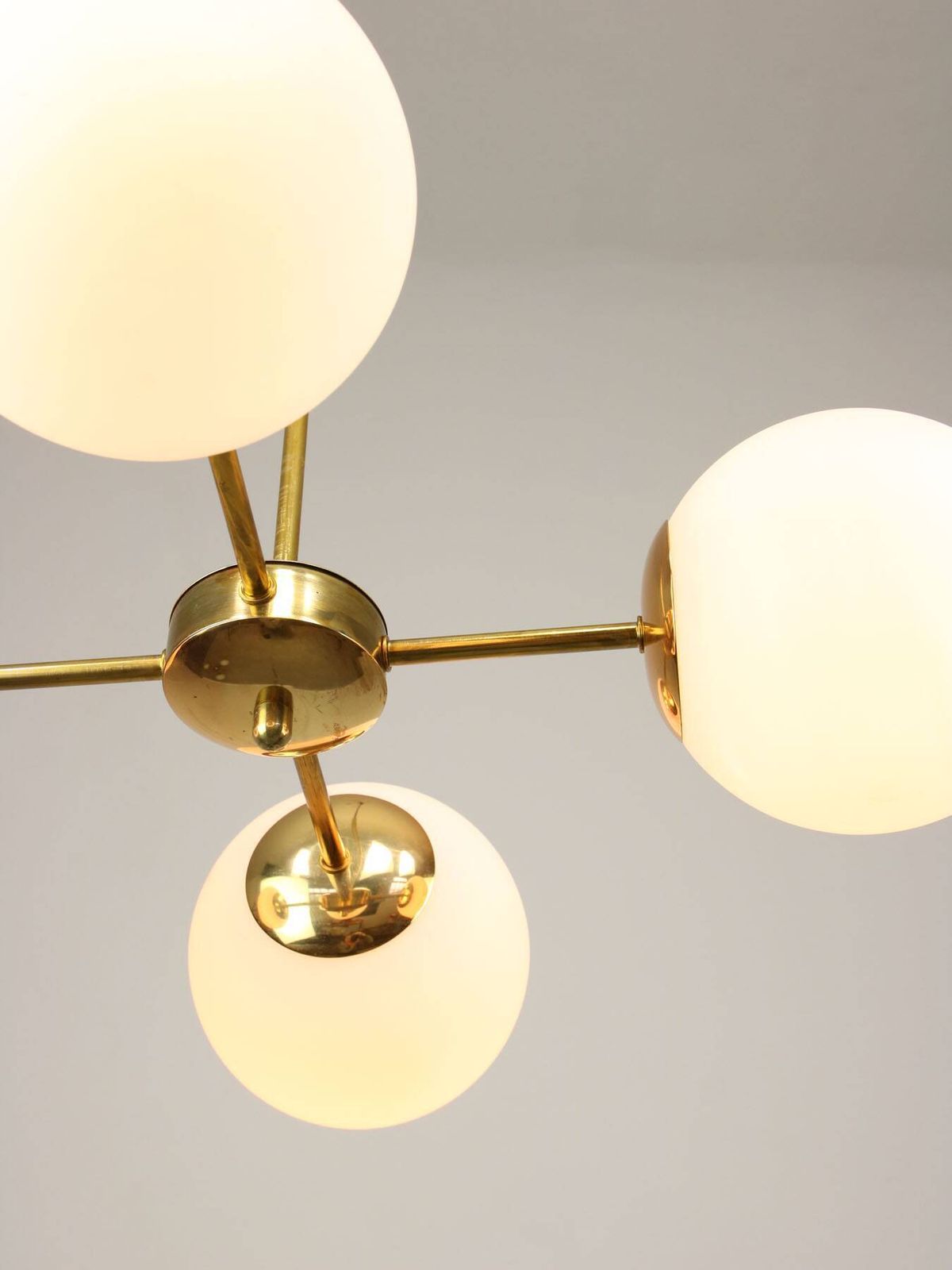 Lighting Italian Mid Century Golden Sputnik Chandelier With Opaline Shades, 1960s photo