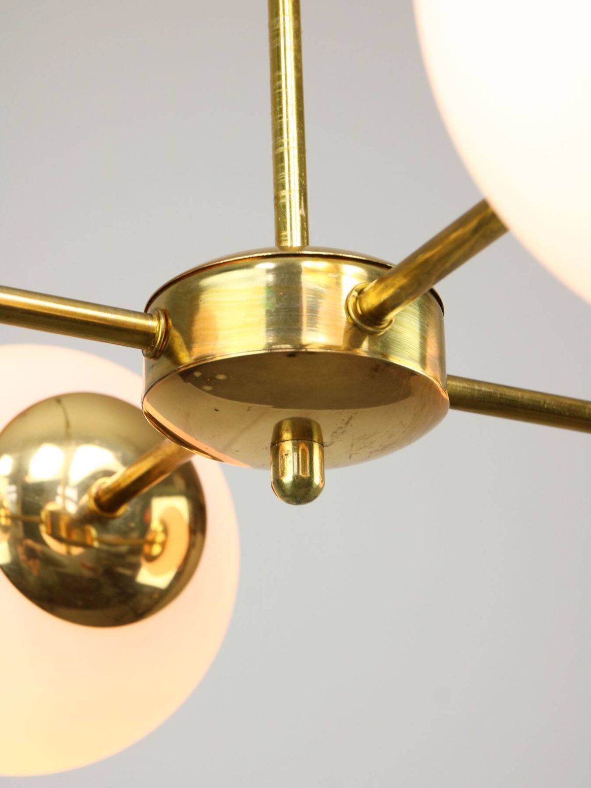 730.0 Italian Mid Century Golden Sputnik Chandelier With Opaline Shades, 1960s photo