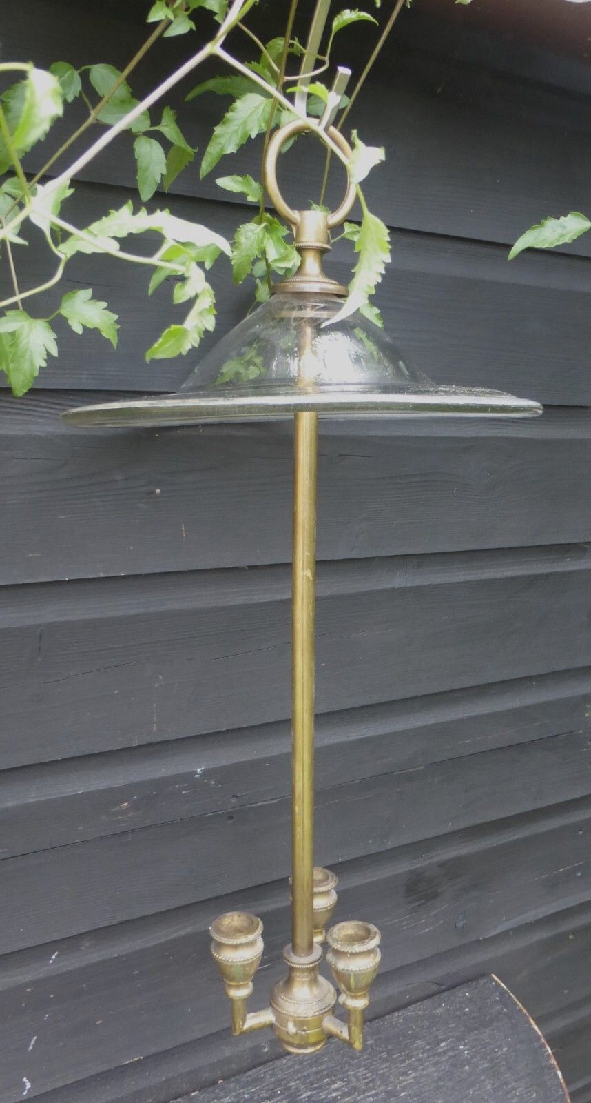 Original Antique Hand Blown Glass Smoke Bell Brass 3 Candle Fittings Ceiling Light C1800's photo for sale