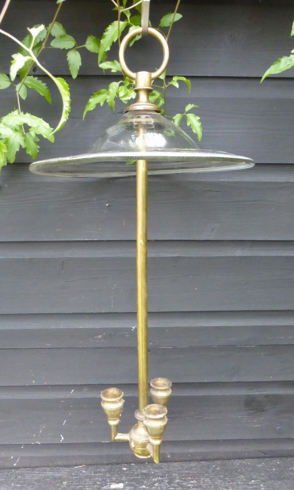 photo vintage Original Antique Hand Blown Glass Smoke Bell Brass 3 Candle Fittings Ceiling Light C1800's