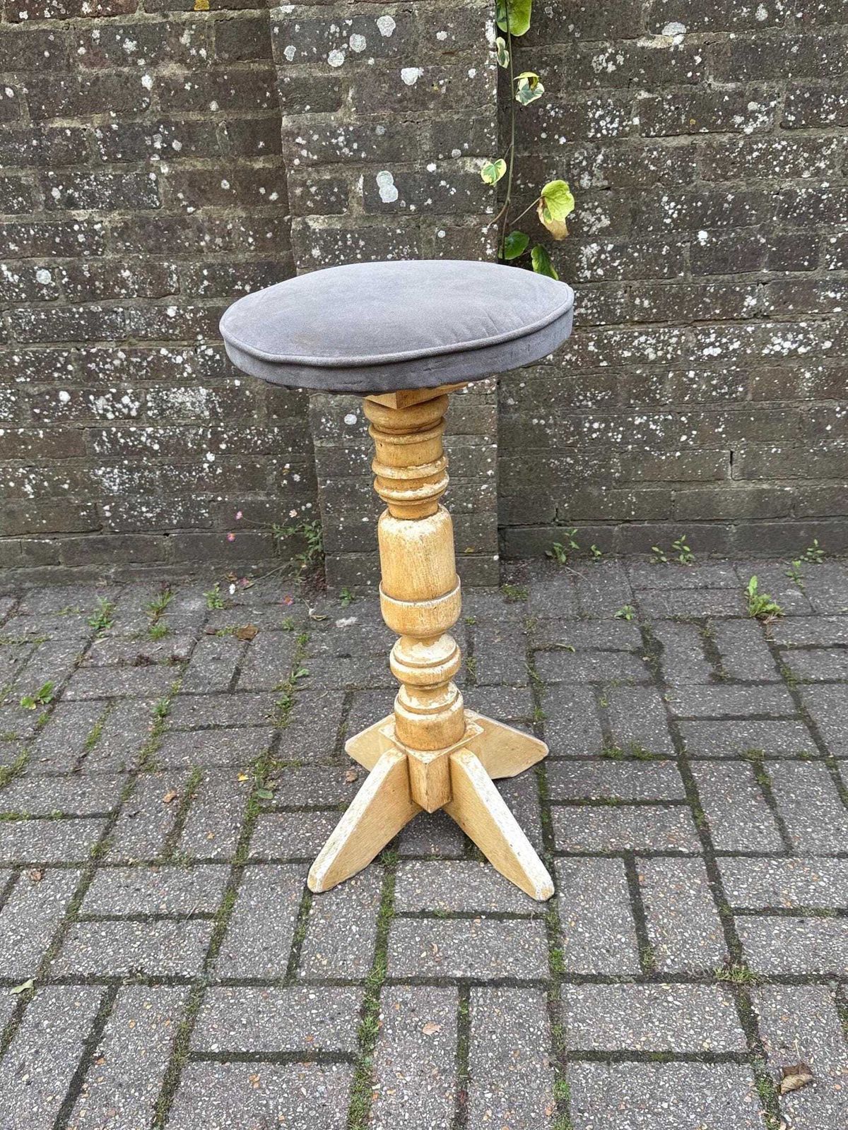Tall Rustic Bar Stool In Distressed Pine | Cream Pedestal Stool With Grey Velvet Seat | Farmhouse Kitchen Breakfast Vintage Decor