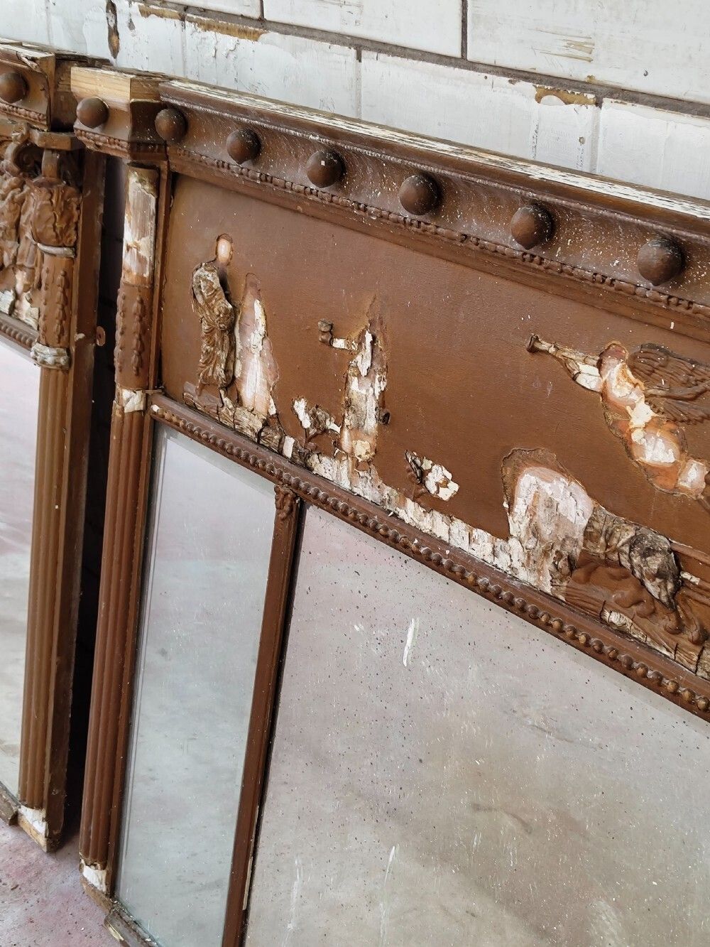 photo furniture A Pair Of Heavily Distressed Regency Gilt Over Mantle Pier Mirrors