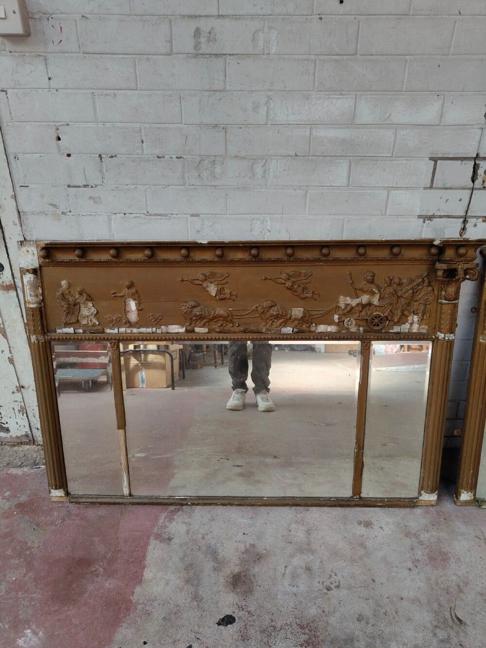 photo for sale A Pair Of Heavily Distressed Regency Gilt Over Mantle Pier Mirrors